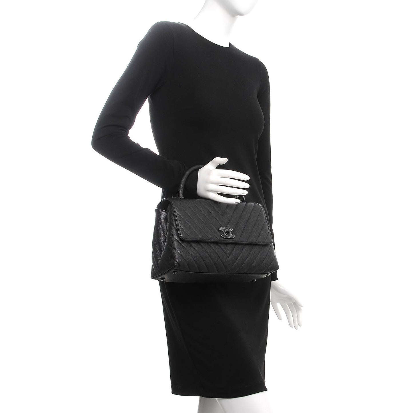 Caviar Chevron Quilted Small Coco Handle Flap So Black