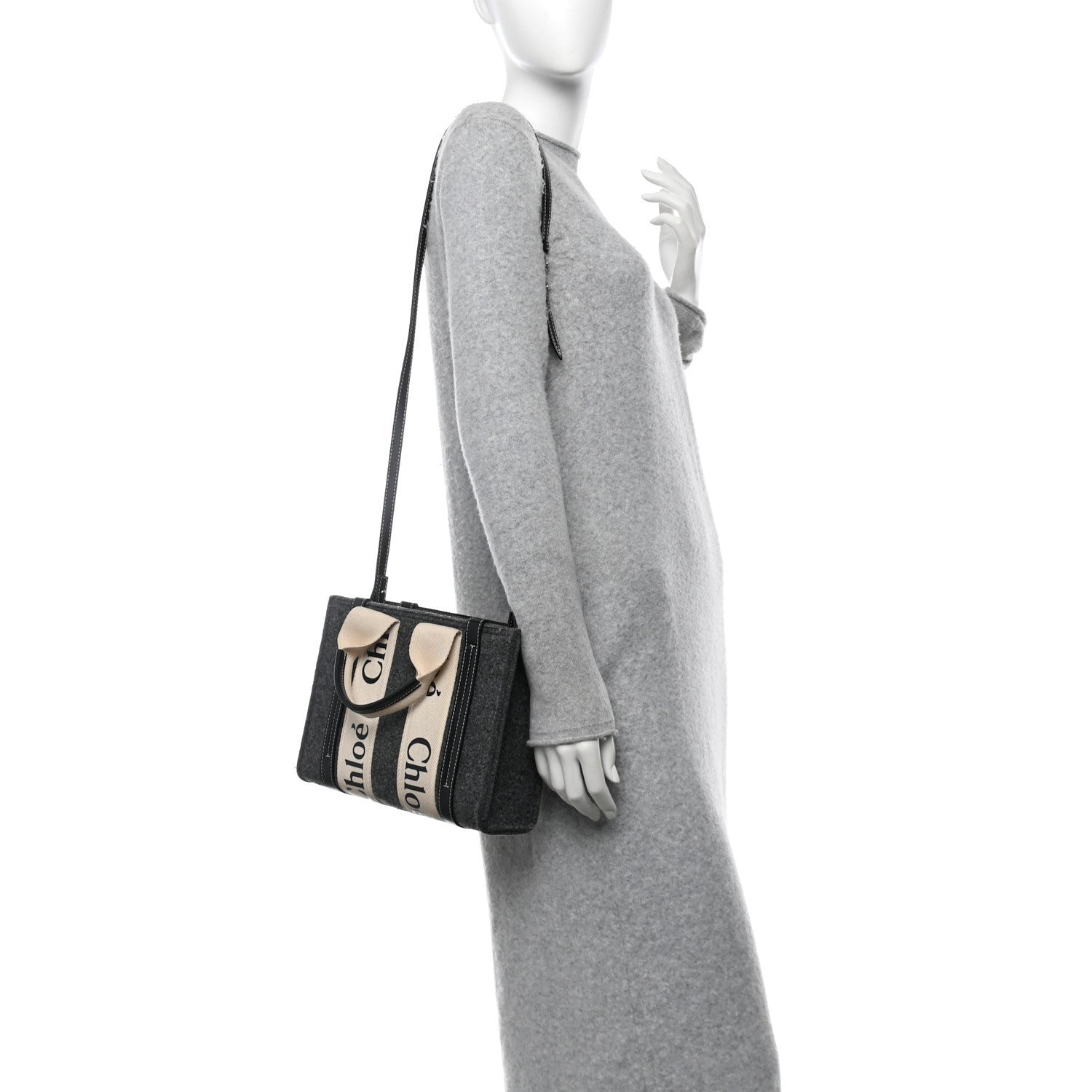 Chloe Felt Calfskin Small Woody Ribbon Tote With Strap Cashmere Grey 2 of 7