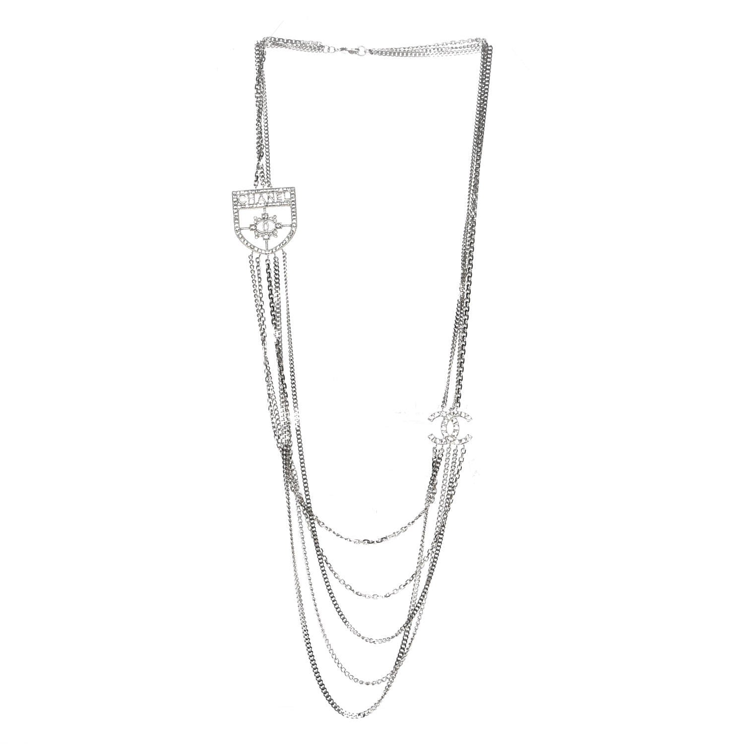 Chanel Baguette Crystal CC Shield Multi Strand Long Chain Necklace Silver 3 of 6