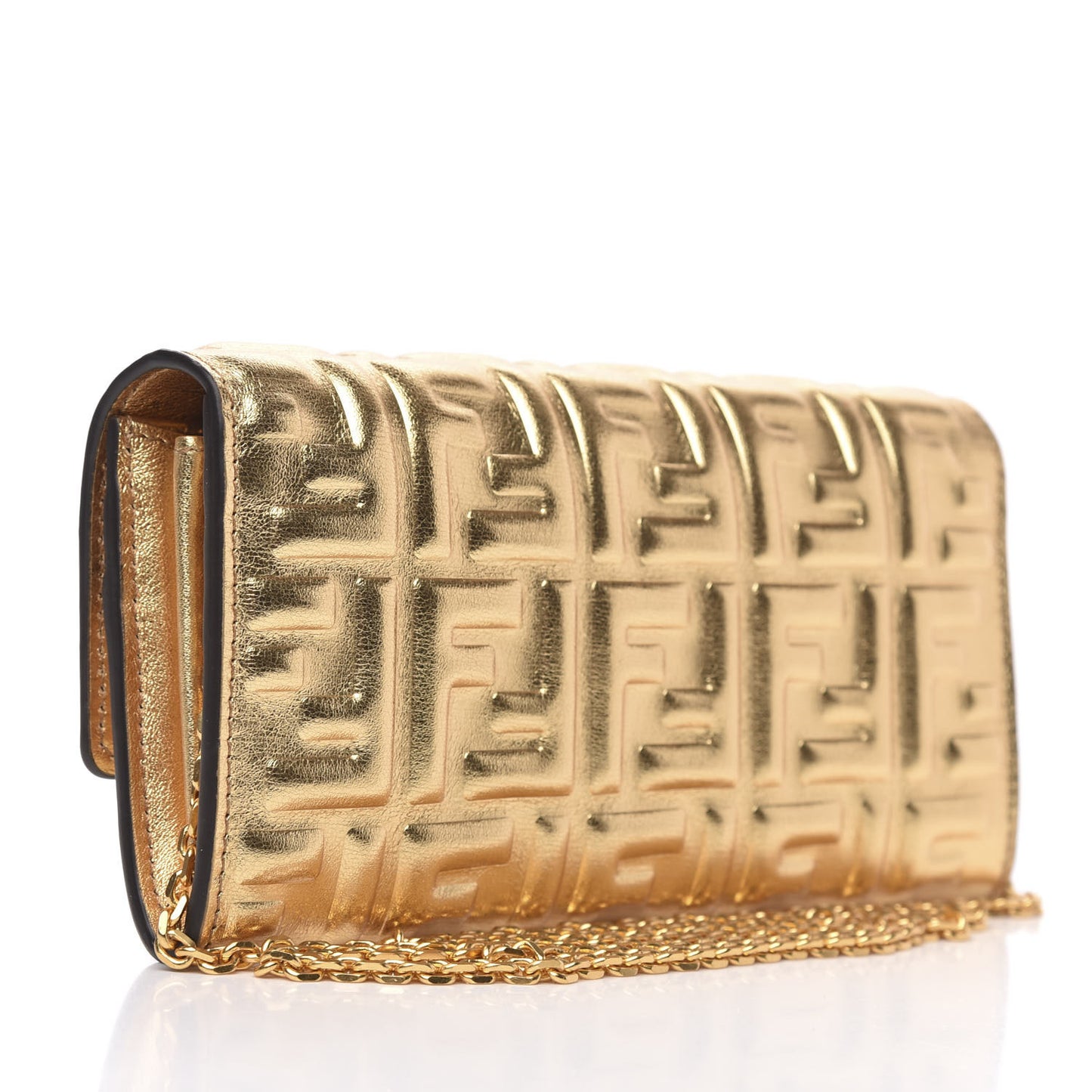 Vitello Catalan Mirror FF 1974 Embossed Continental Wallet on Chain Gold