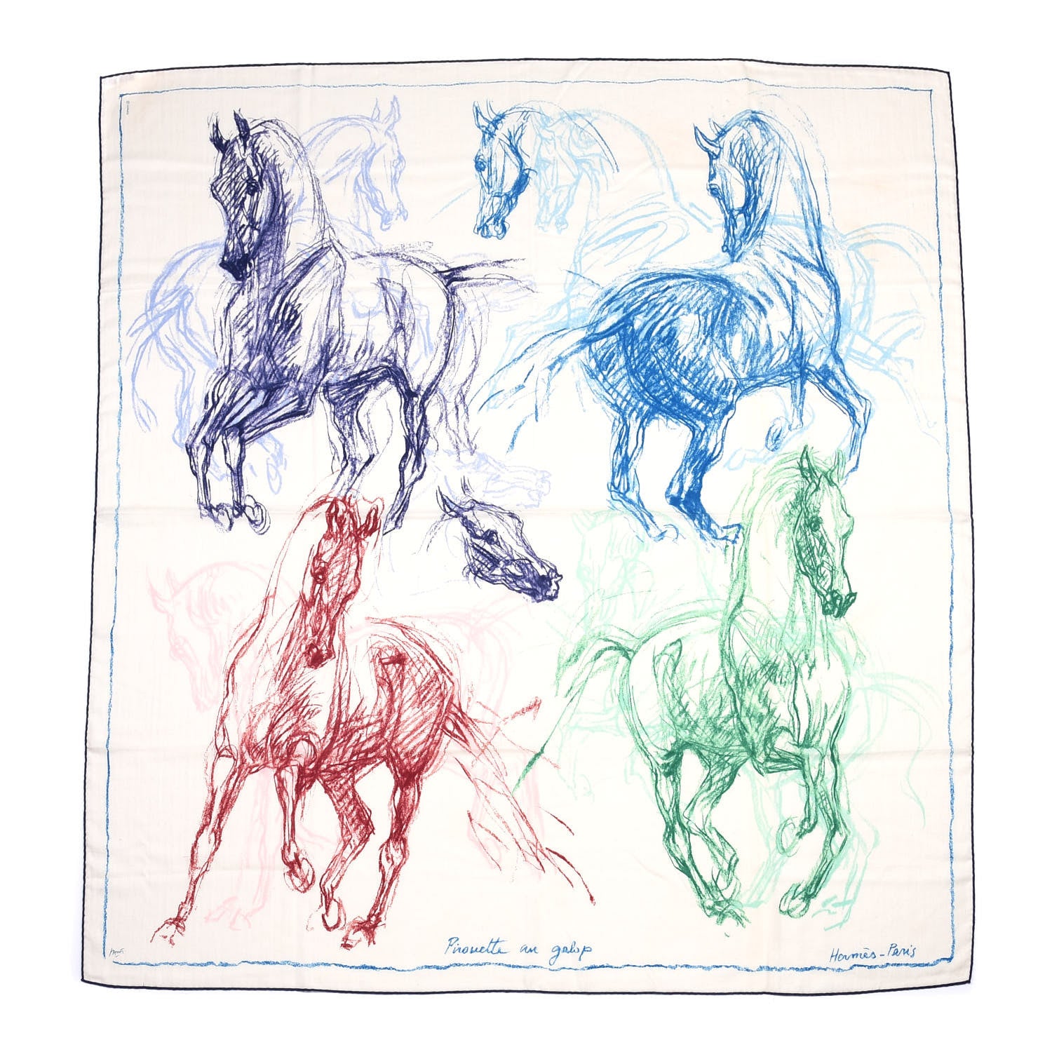Hermes Cashmere Silk Pirouette au Galop Shawl 140 White Bleu Vert 1 of 4
