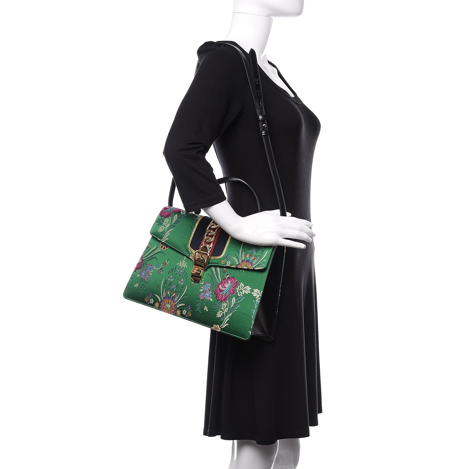 Gucci Jacquard Floral Medium Sylvie Top Handle Bag Green Multicolor Black 2 of 11