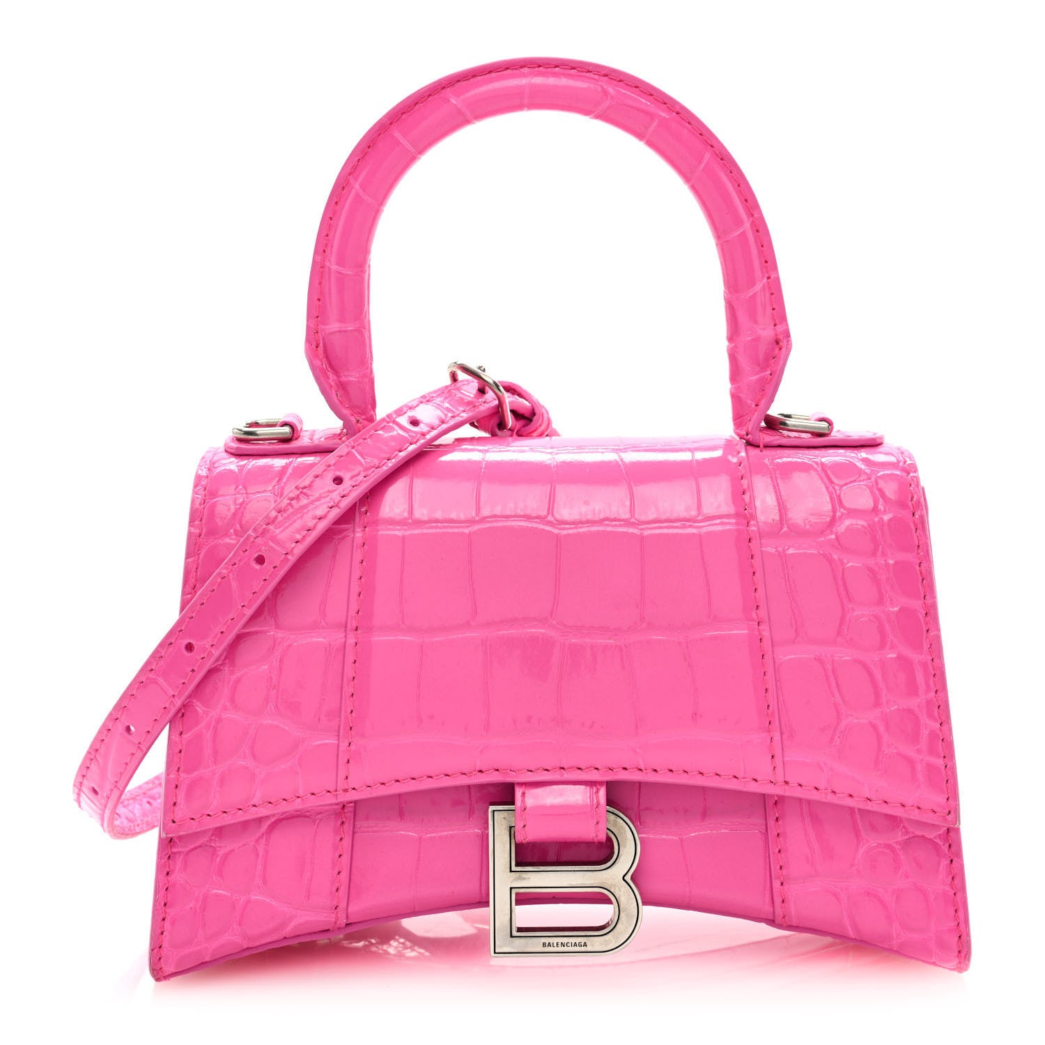 Balenciaga Shiny Calfskin Crocodile Embossed Hourglass Top Handle Bag XS Neon Pink 1 of 5