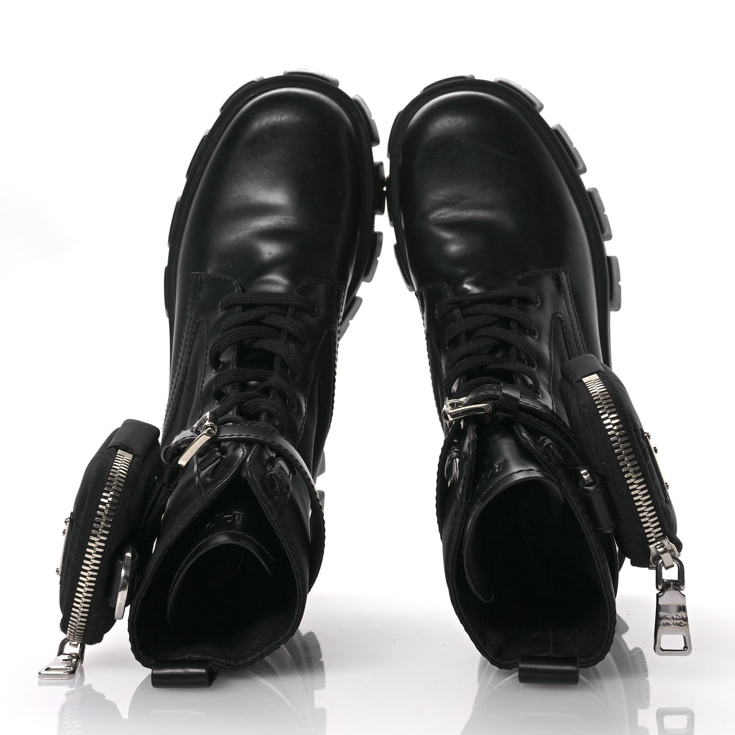 Prada Spazzolato Rois Nylon Metal Triangle Logo Monolith Pouch Pocket 55mm Boots 38.5 Black 2 of 7