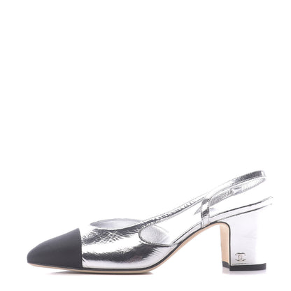 Chanel Laminated Lambskin Grosgrain Cap Toe CC Slingback Sandals 36 Silver Black 1 of 13