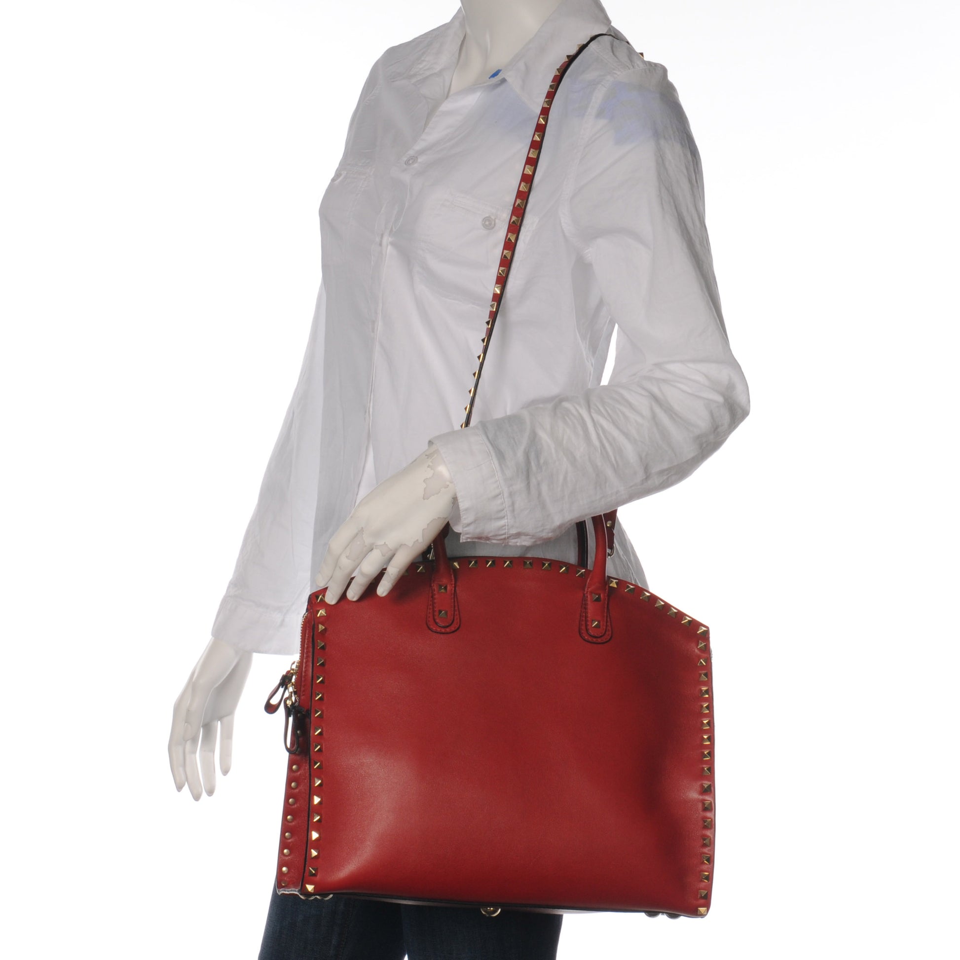 Valentino Garavani Leather Rockstud Dome Shopper Red 2 of 8