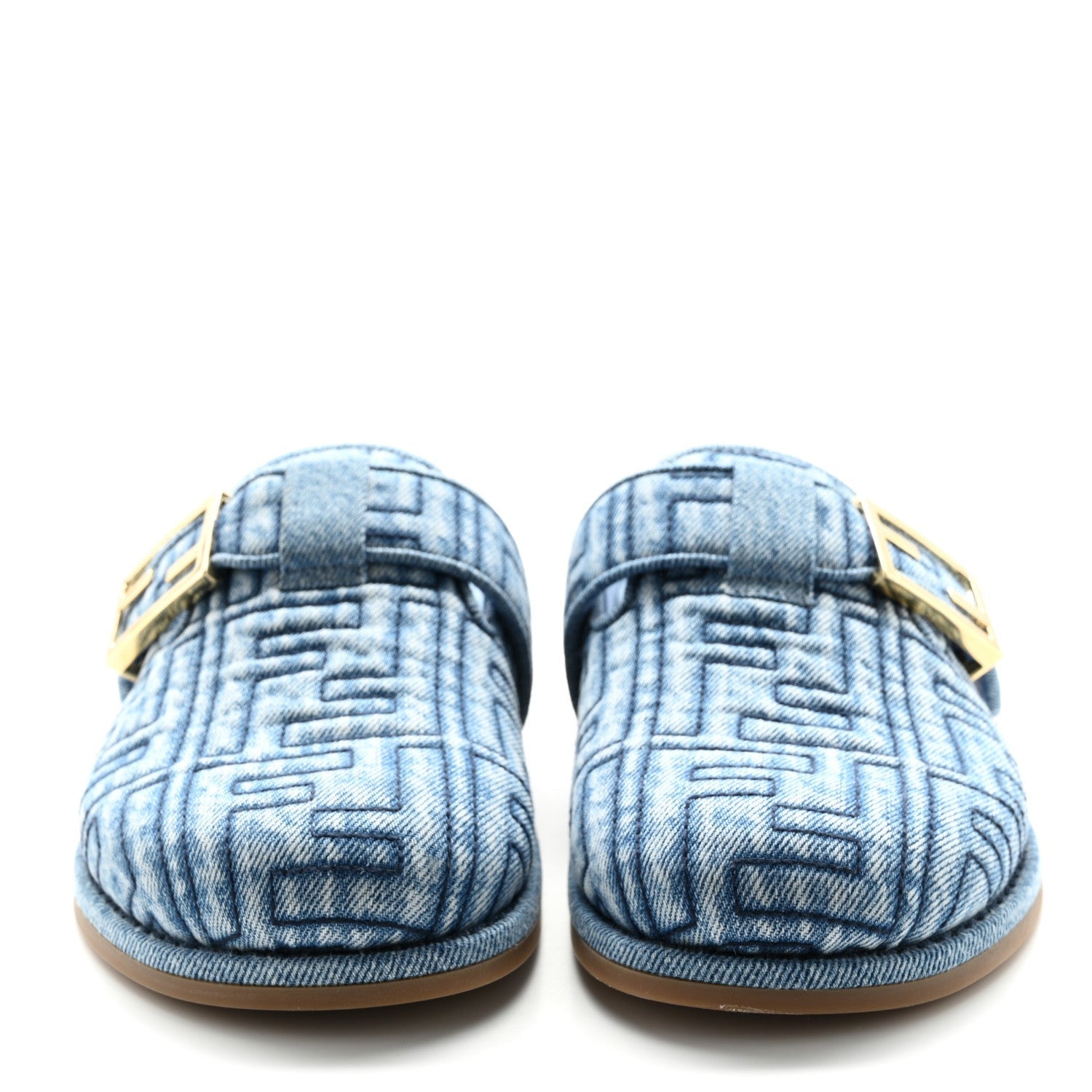 Fendi Denim Jacquard FF Womens Feel Buckled Mules 35 Blue 3 of 7