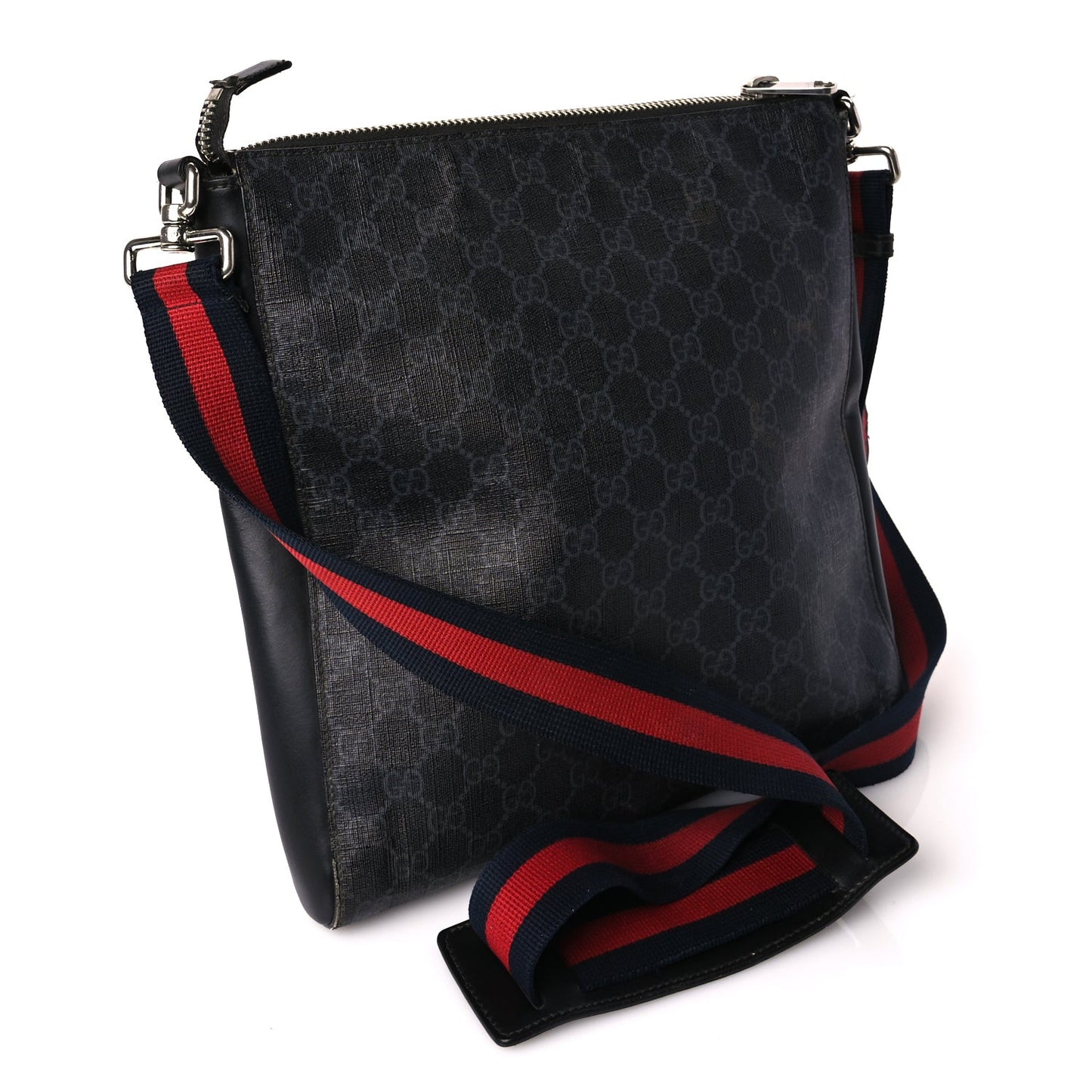 GG Supreme Monogram Appia Calfskin Web Flat Messenger Bag Black Grey