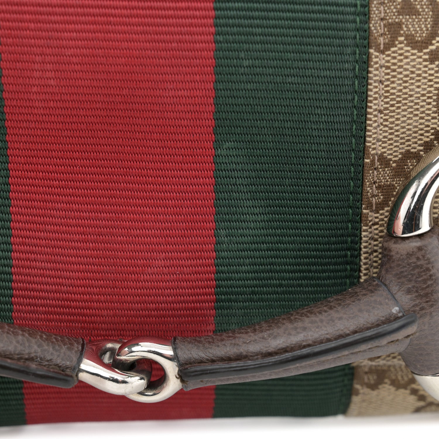 Gucci Monogram Textured Dollar Calfskin Heavy Grosgrain Web Small Maxi Horsebit Chain Shoulder Bag Beige Ebony New Acero 12 of 13