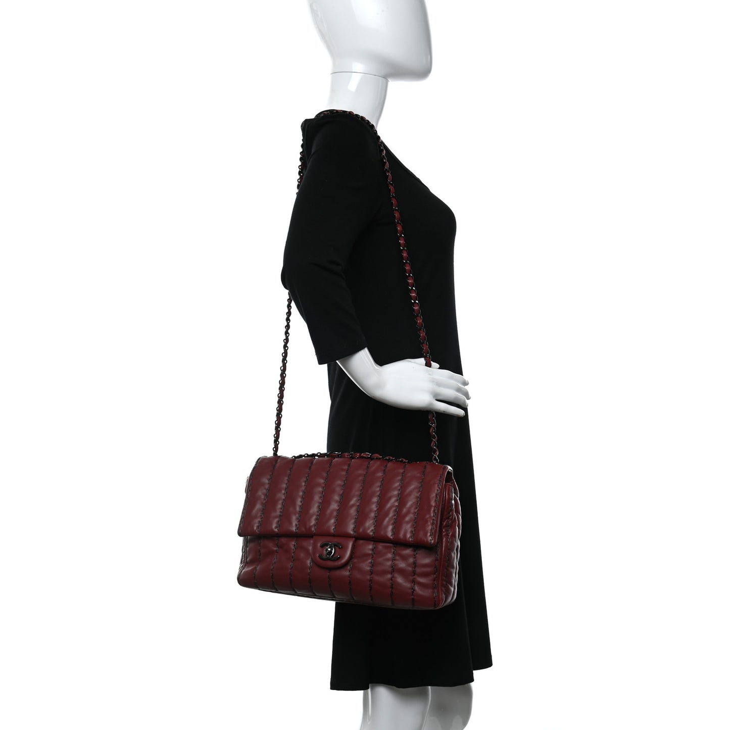 Lambskin Vertical Stitch Jumbo Single Flap Dark Red