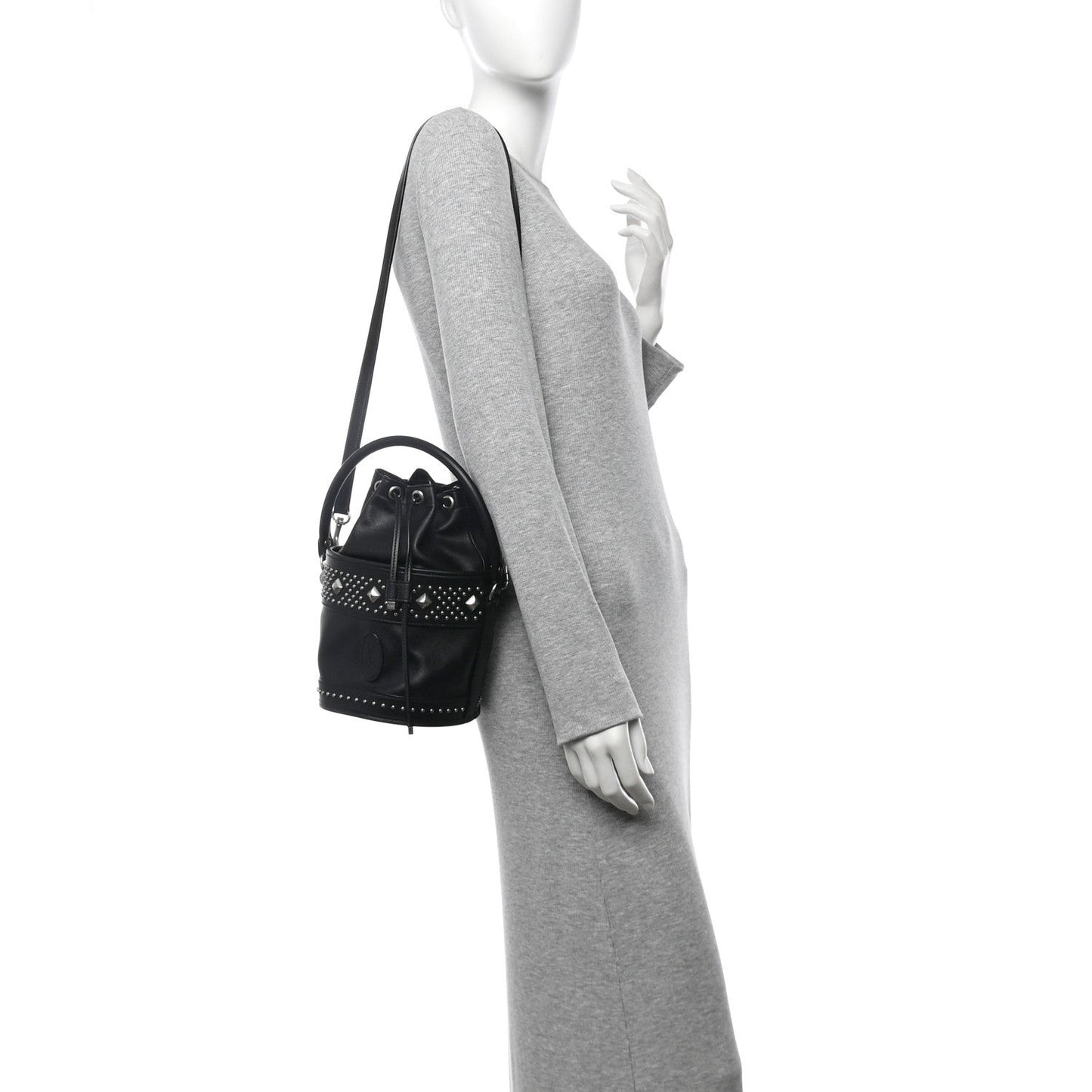 Smooth Calfskin Studded Small Bahia Drawstring Bucket Bag Black