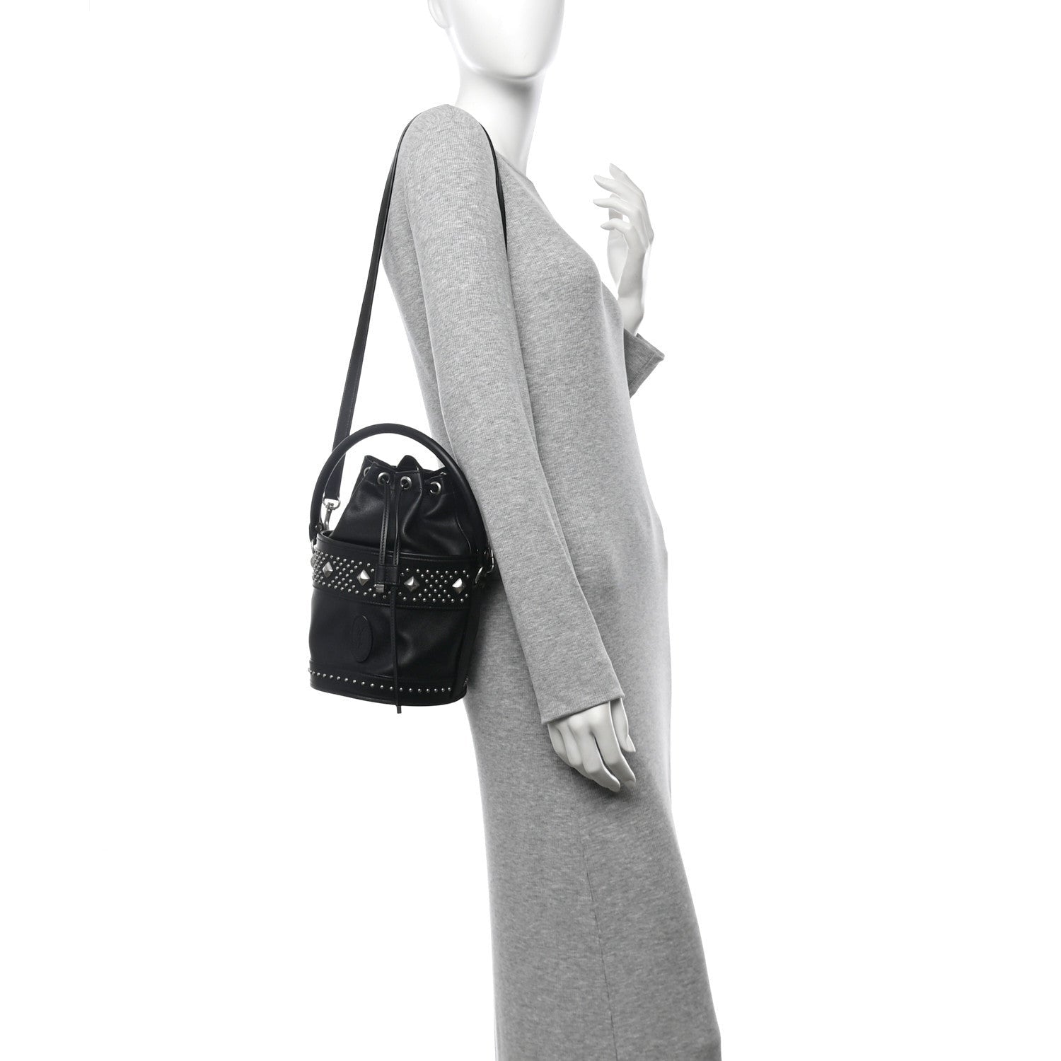Saint Laurent Smooth Calfskin Studded Small Bahia Drawstring Bucket Bag Black 2 of 7