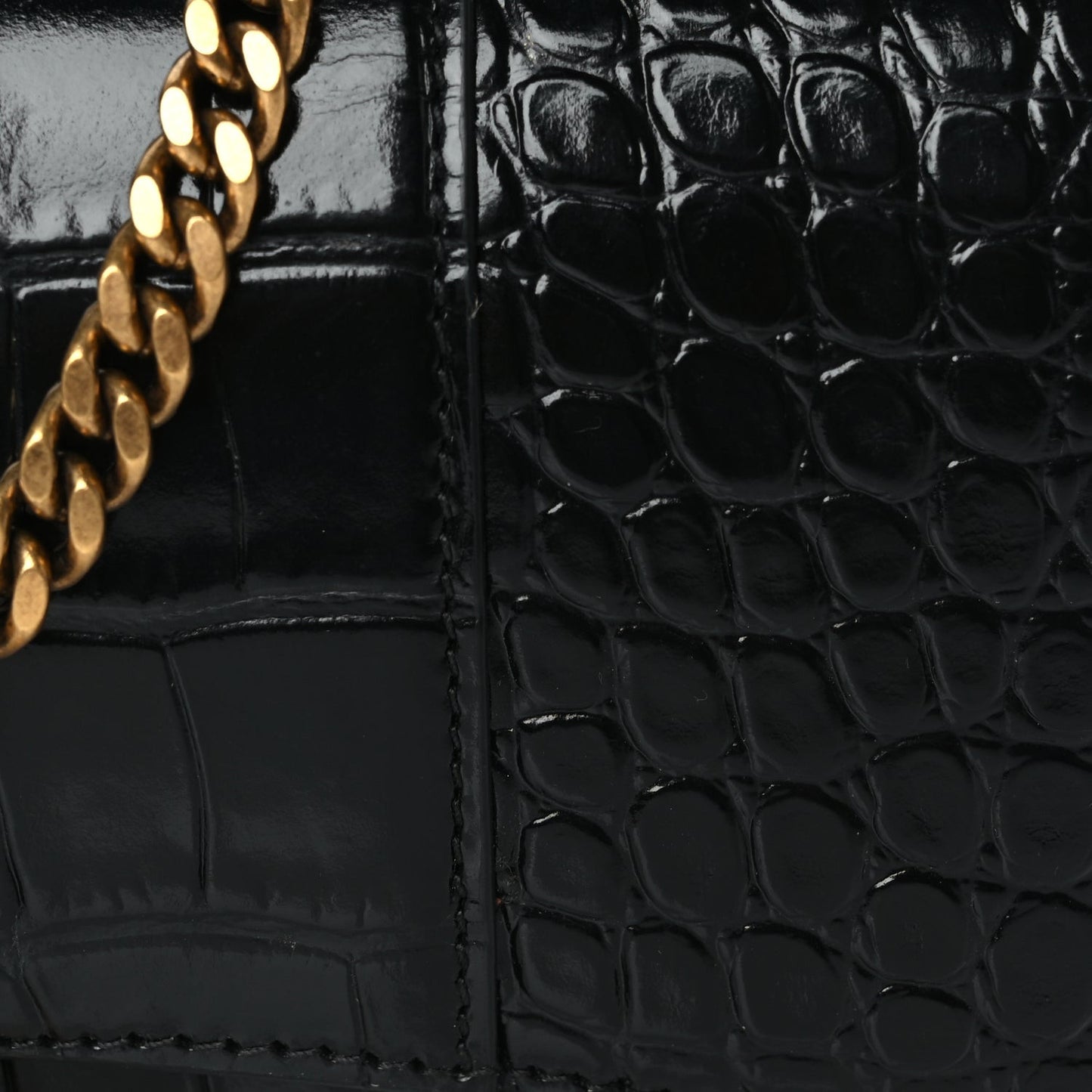Shiny Calfskin Crocodile Embossed Hourglass Wallet on Chain Black