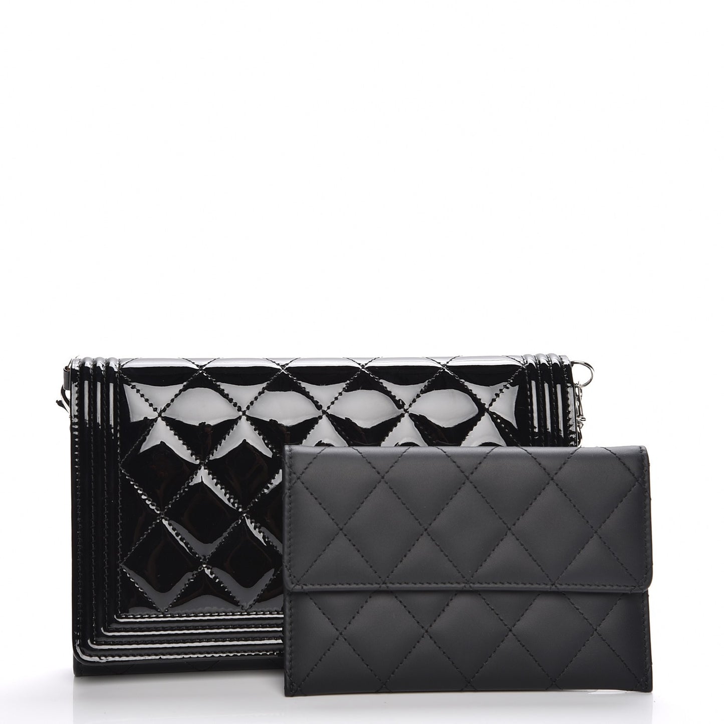 Patent Calfskin Quilted Boy Wallet on Removable Chain Black