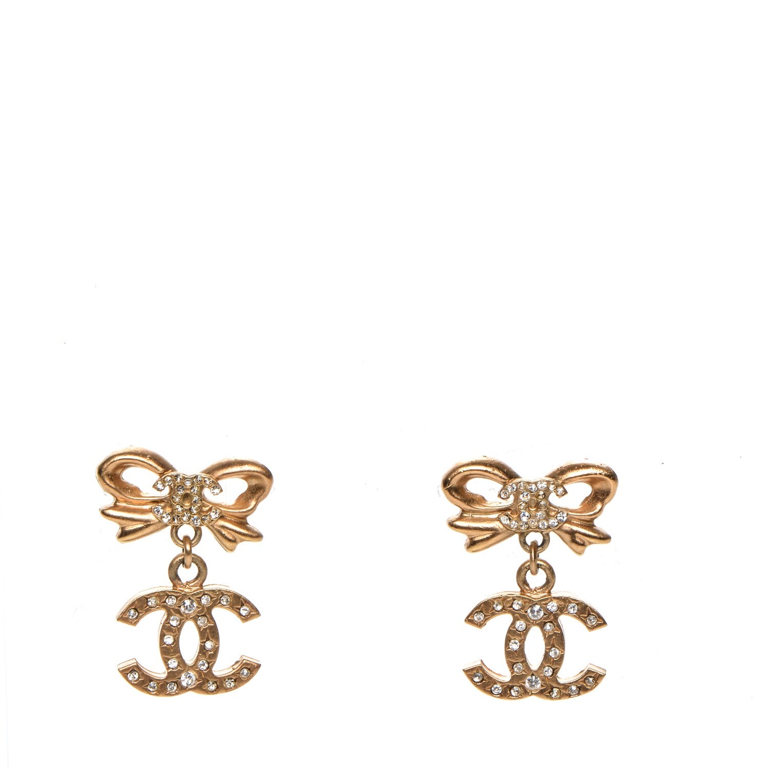 Chanel Crystal CC Bow Drop Earrings Gold 1 of 4