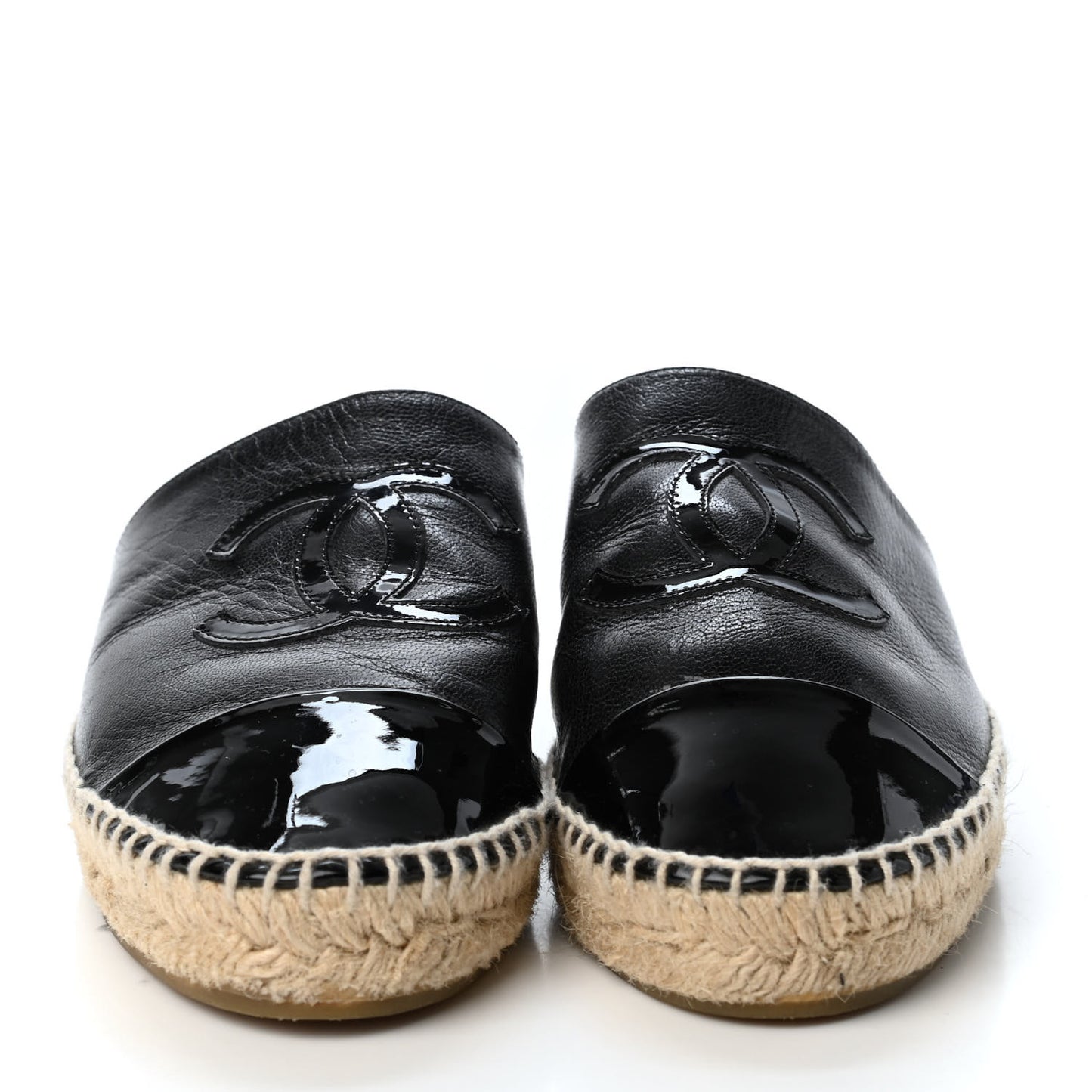Iridescent Goatskin Patent CC Espadrille Mules 37 Black