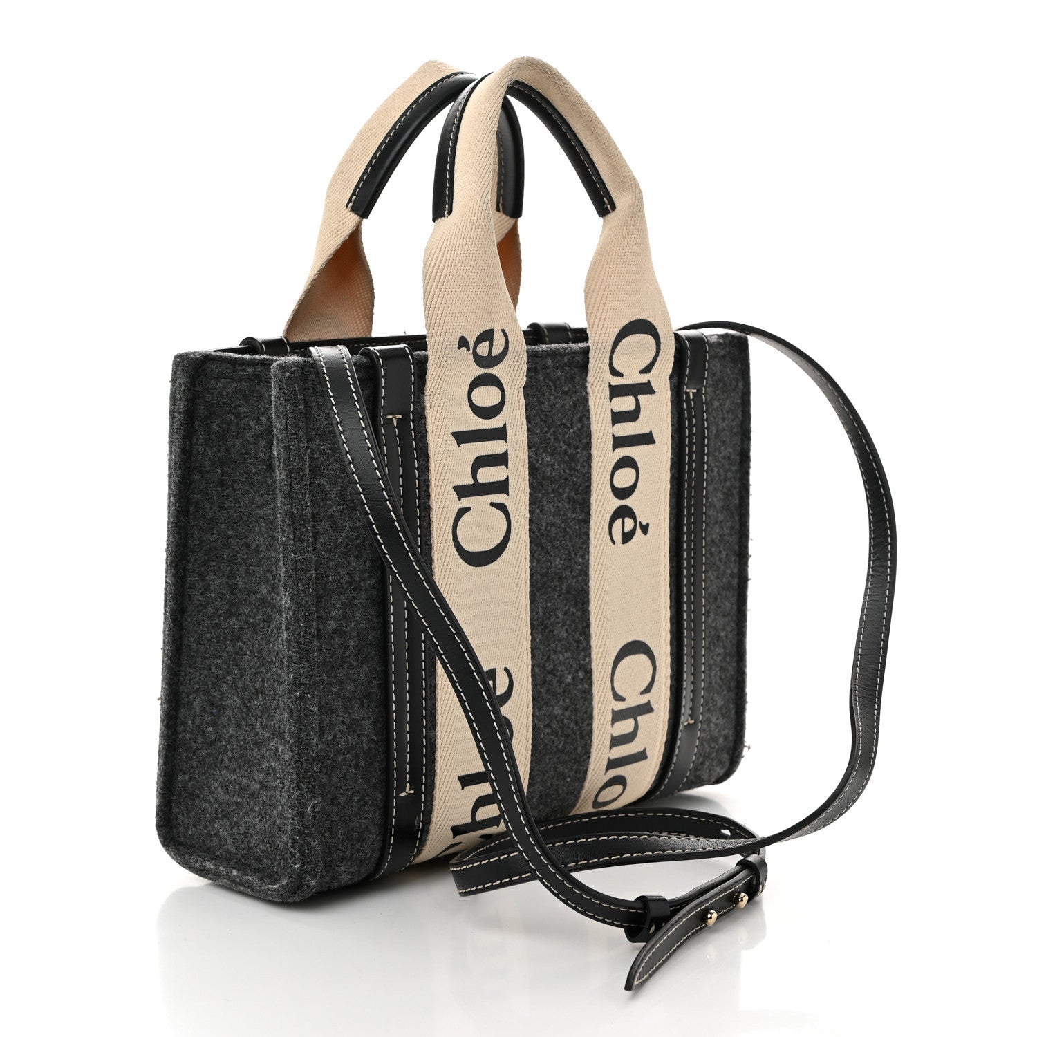 Chloe Felt Calfskin Small Woody Ribbon Tote With Strap Cashmere Grey 3 of 7