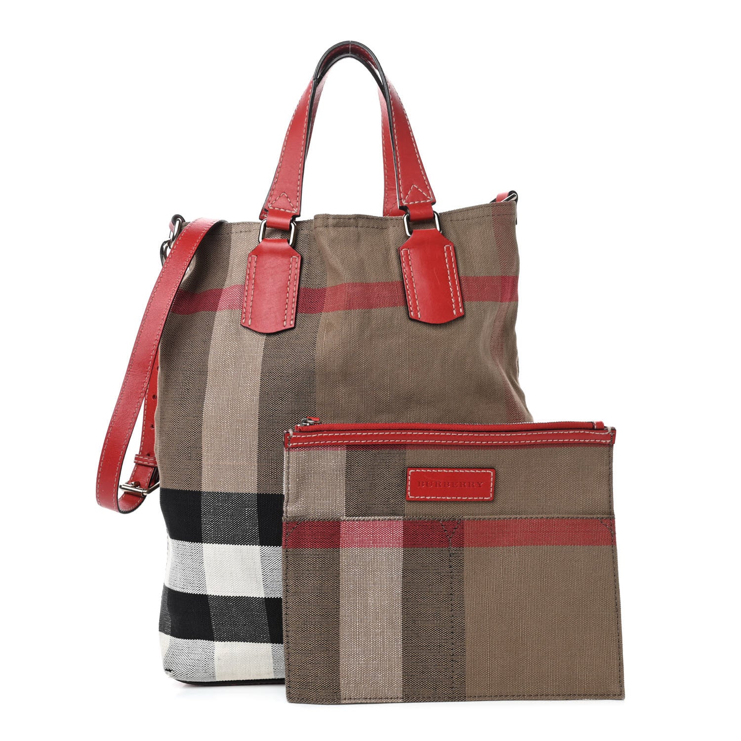 Burberry Canvas Mega Check Medium Tottenham Brit Tote Cadmium Red 1 of 11