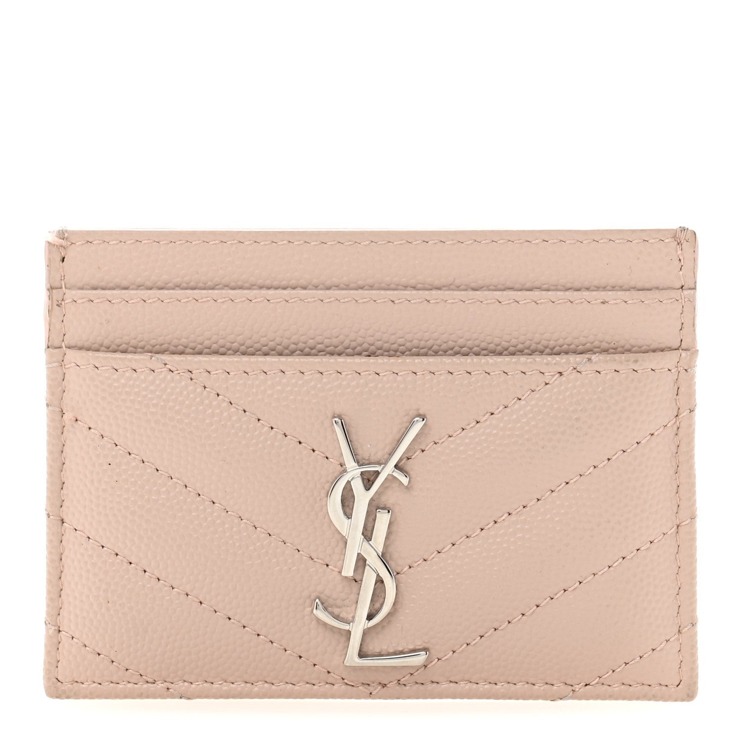 Saint Laurent Grain De Poudre Matelasse Chevron Monogram Credit Card Case Pale Pink 1 of 7