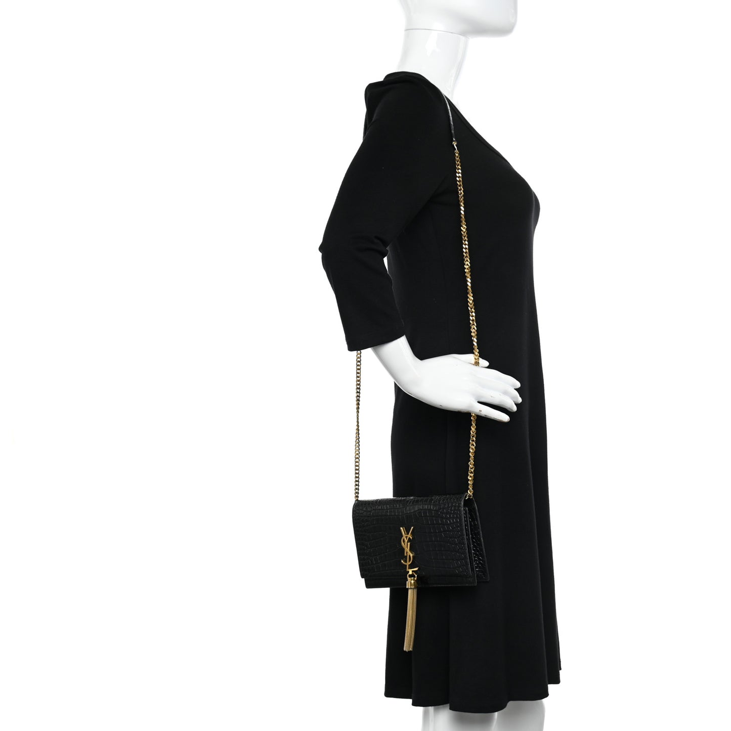 Calfskin Crocodile Embossed Kate Monogram Tassel Chain Wallet Black