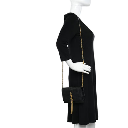 Saint Laurent Calfskin Crocodile Embossed Kate Monogram Tassel Chain Wallet Black 2 of 10