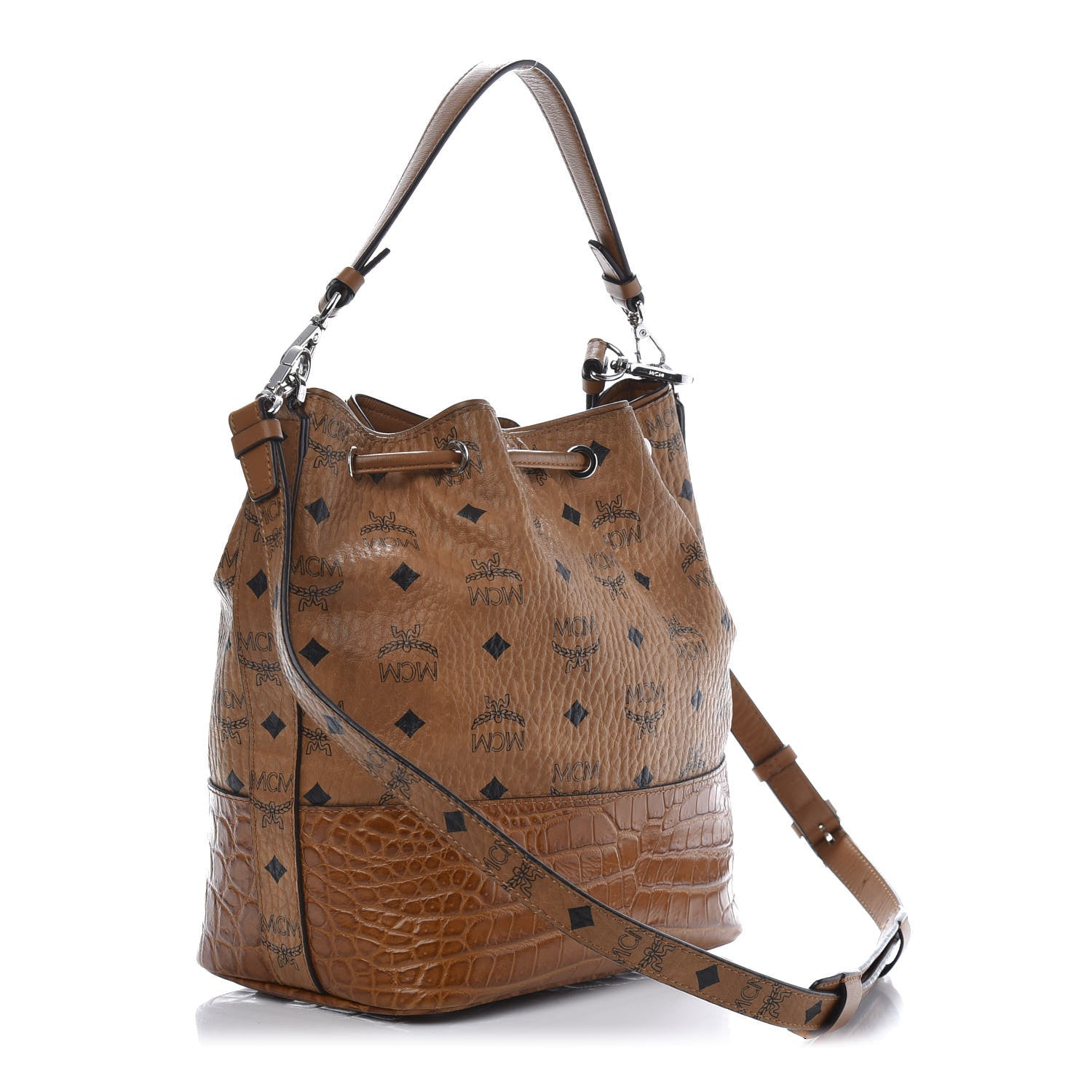 MCM Visetos Crocodile Embossed Geonautic Bucket Bag Cognac 3 of 11