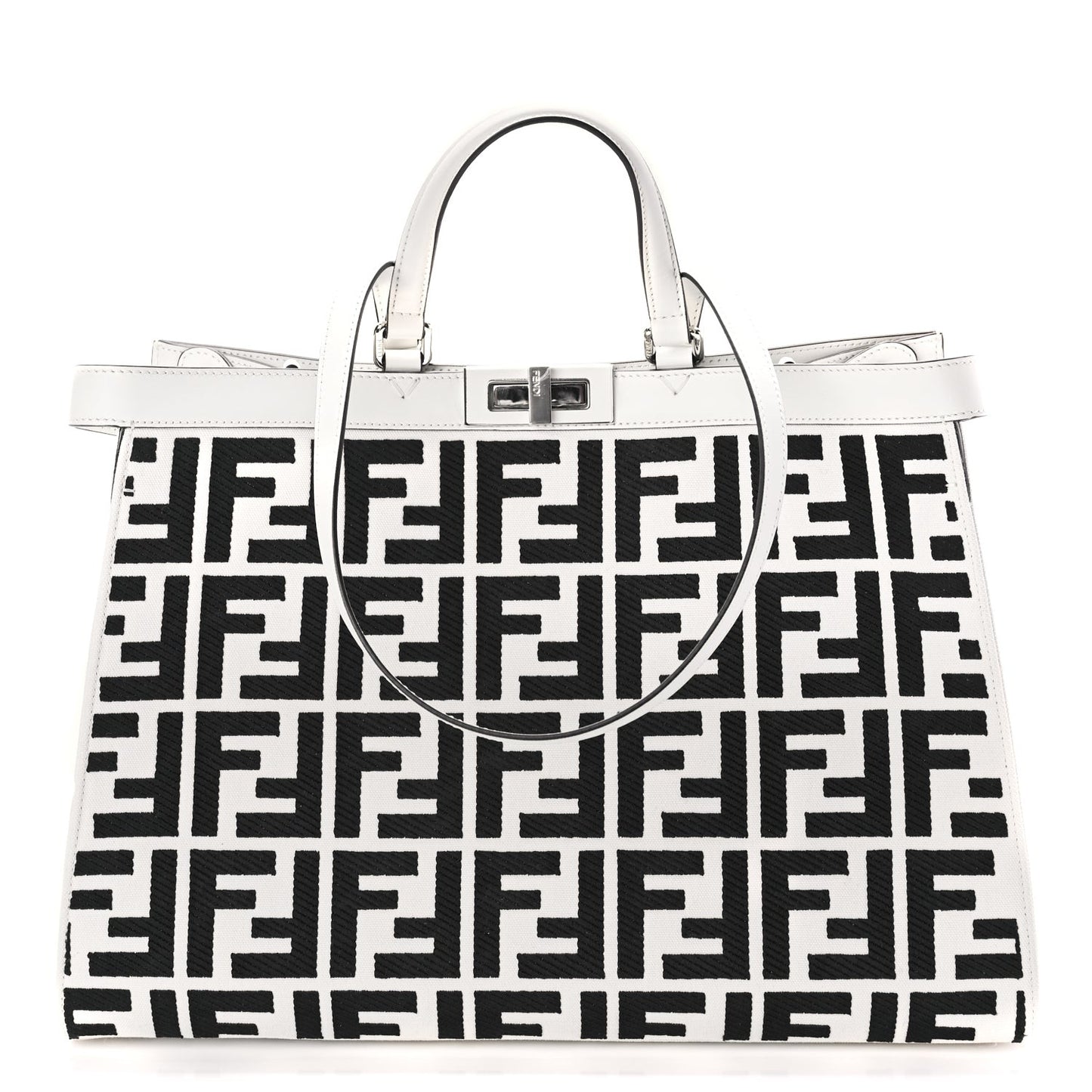 Canvas Vitello King FF Embroidered Medium Peekaboo X-Tote White Rice Black