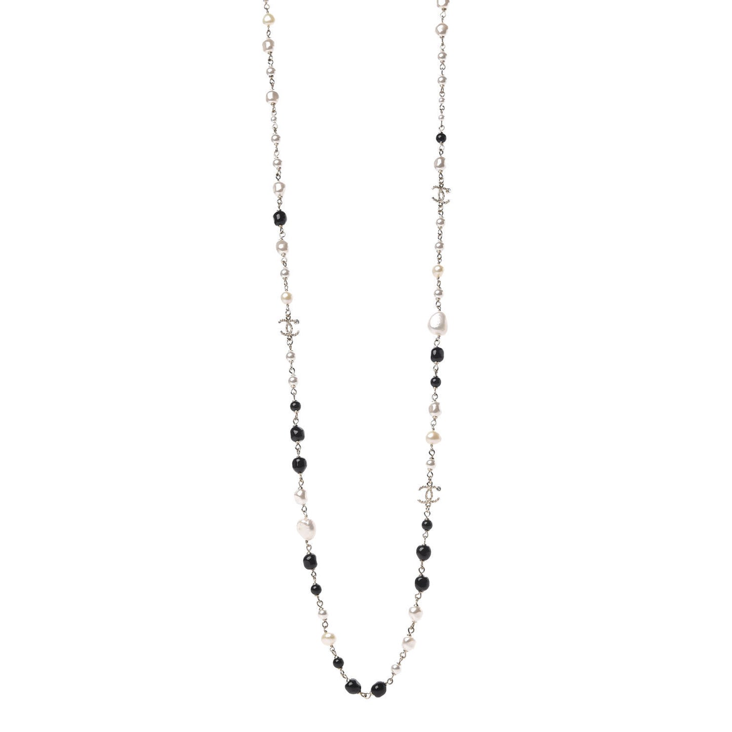 Pearl Beaded Crystal CC Long Necklace Gold Black White