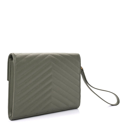 Saint Laurent Grain De Poudre Matelasse Chevron Monogram Envelope Clutch  Light Sage 3 of 7