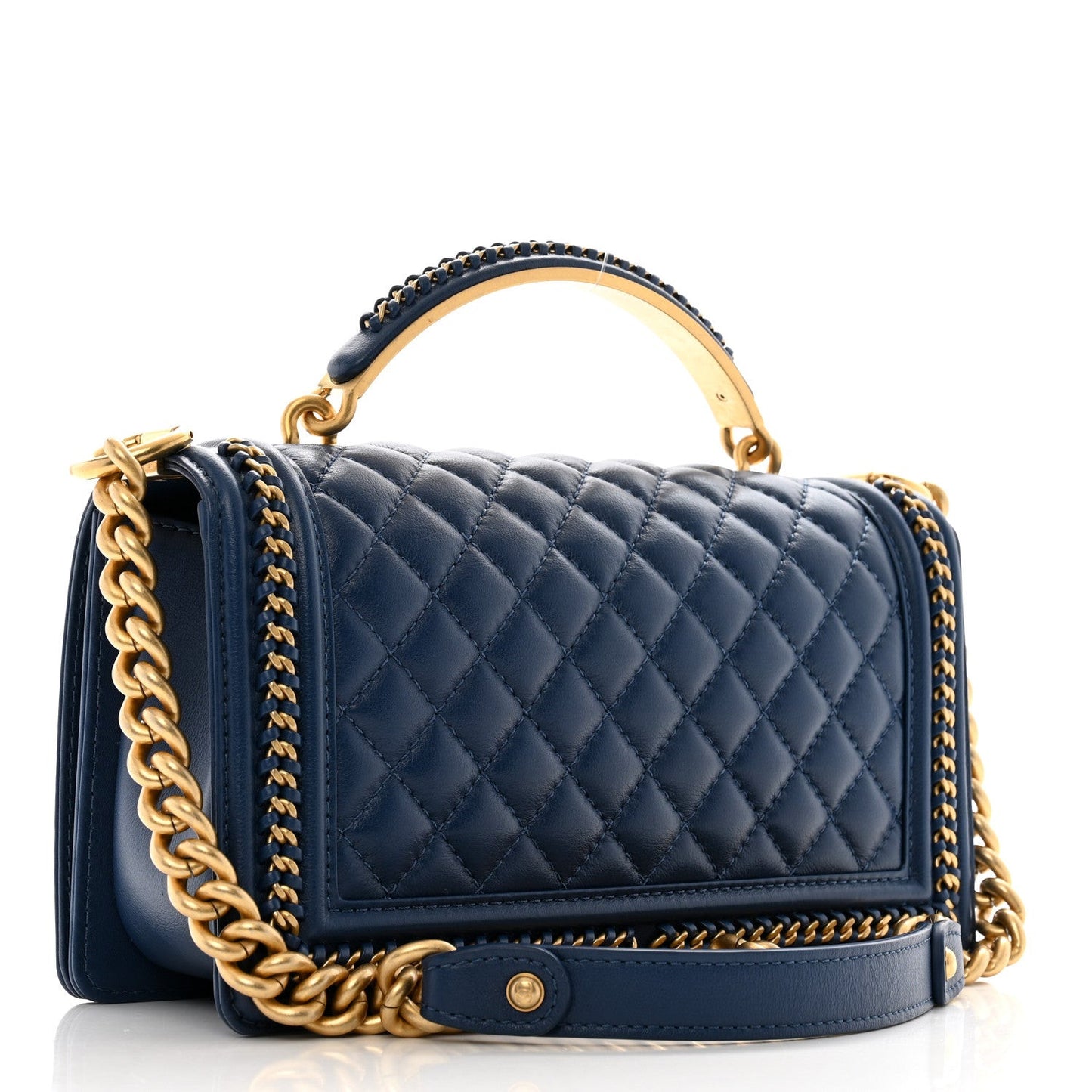 Lambskin Quilted Medium Top Handle Boy Flap Dark Blue