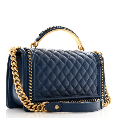 Chanel Lambskin Quilted Medium Top Handle Boy Flap Dark Blue 3 of 7
