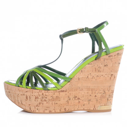 Louis Vuitton Patent Cork Summertime Wedges 37.5 Green 1 of 7