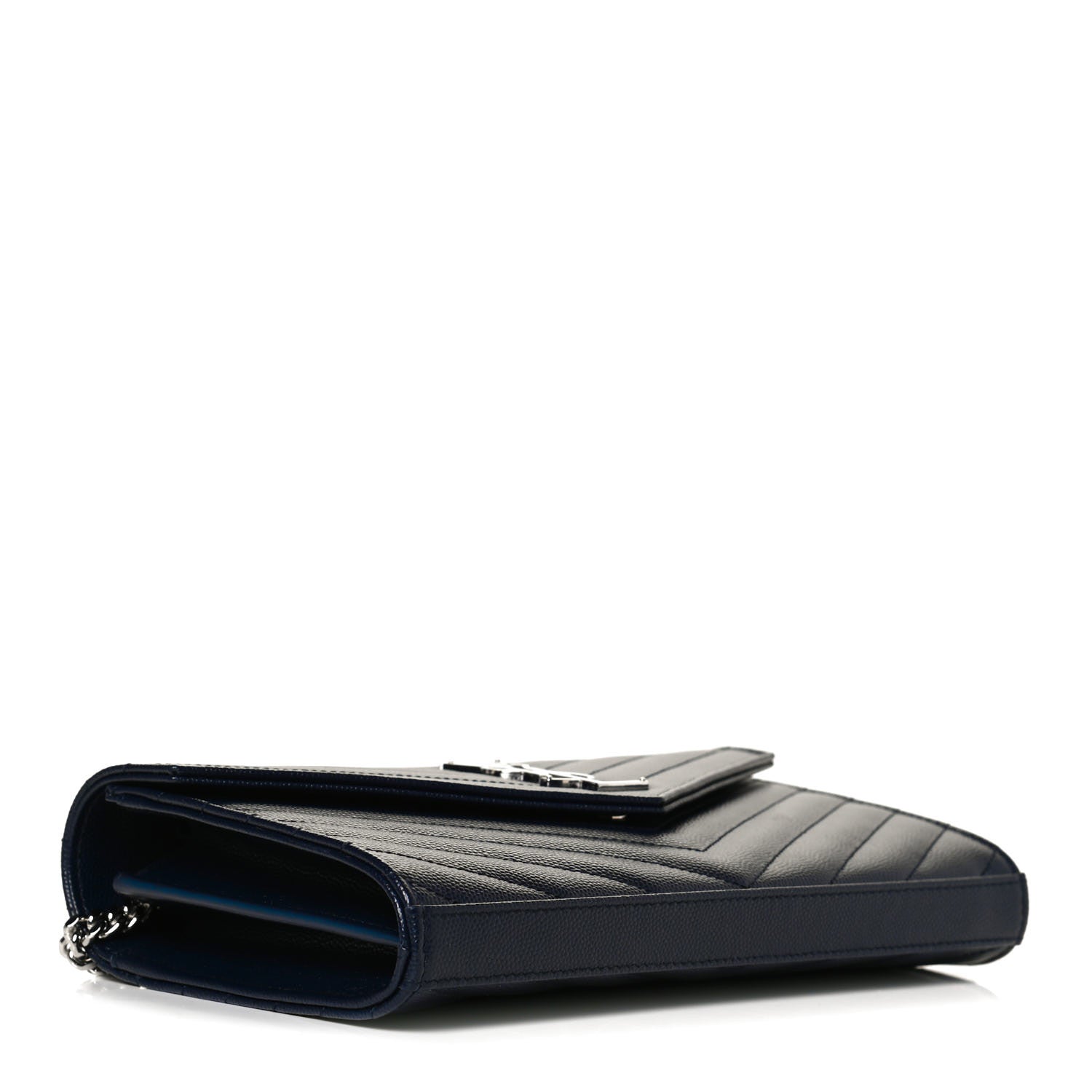 Saint Laurent Grain De Poudre Matelasse Chevron Monogram Envelope Chain Wallet Deep Marine 4 of 10