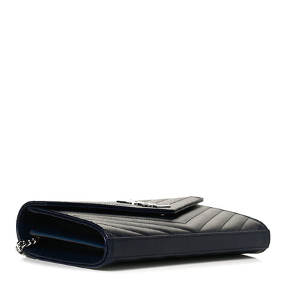 Saint Laurent Grain De Poudre Matelasse Chevron Monogram Envelope Chain Wallet Deep Marine 4 of 10