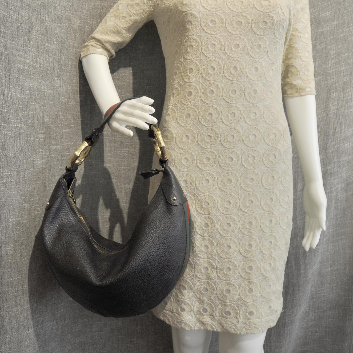 Gucci Pebbled Calfskin Web Bamboo Ring Hobo Black 5 of 8