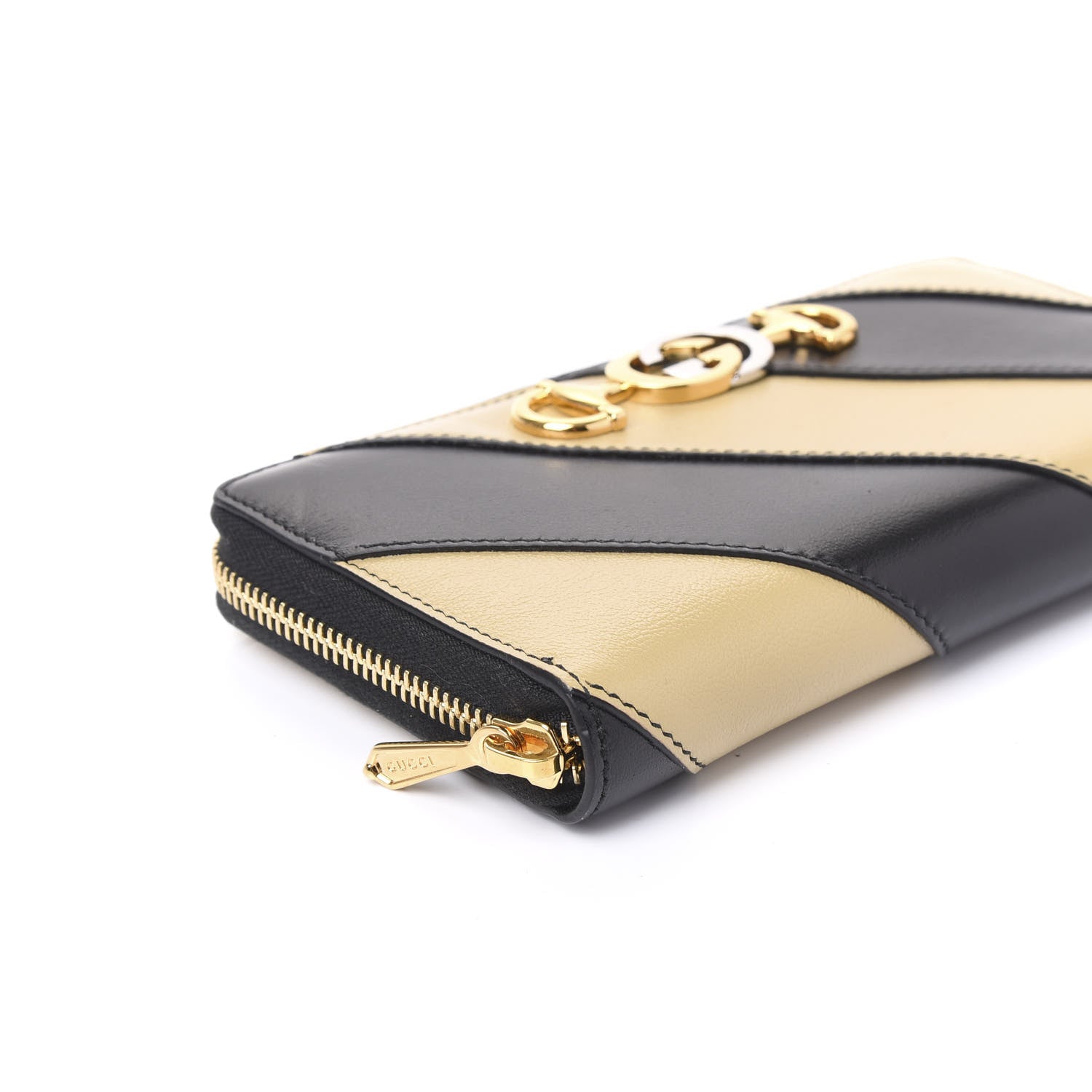 Gucci Smooth Calfskin Diagonal Striped Zumi Zip Around Wallet Black Beige 5 of 7