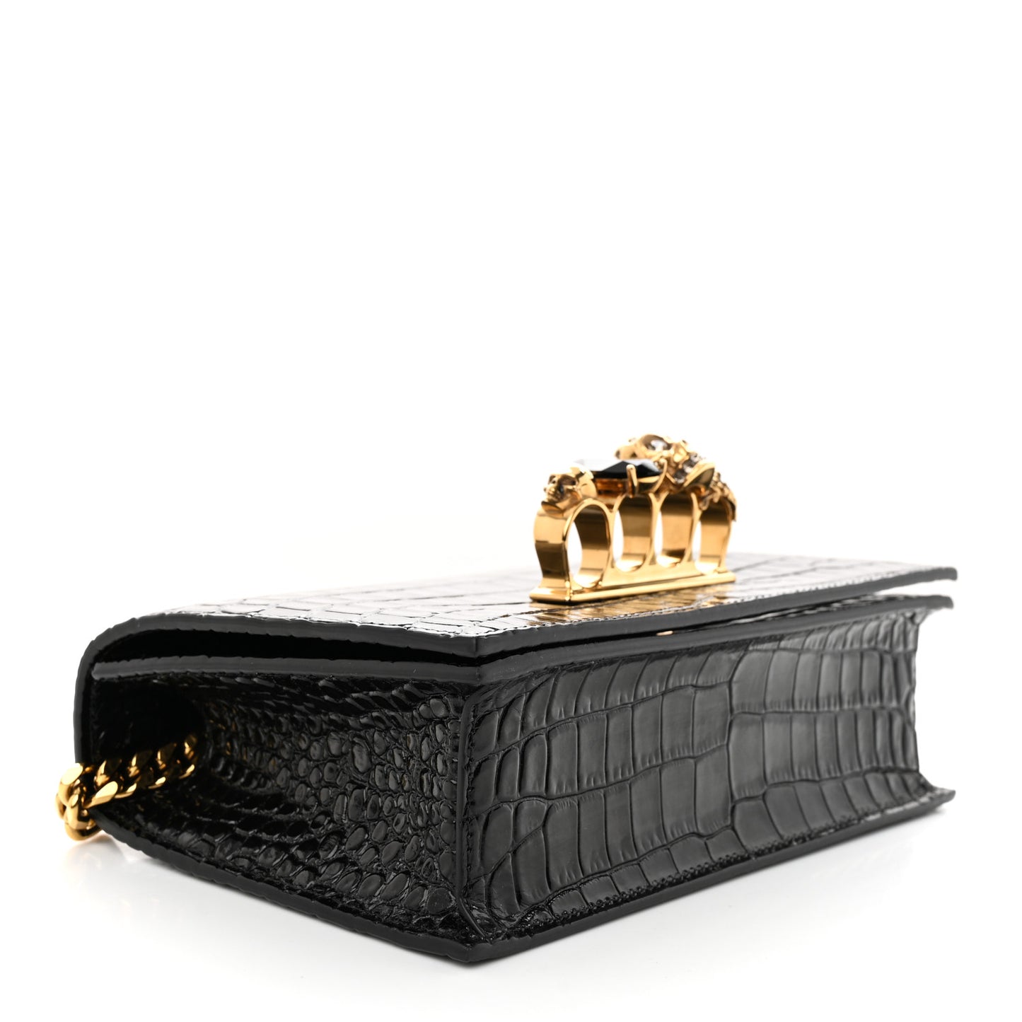 Calfskin Crocodile Embossed Mini Jeweled Satchel Black