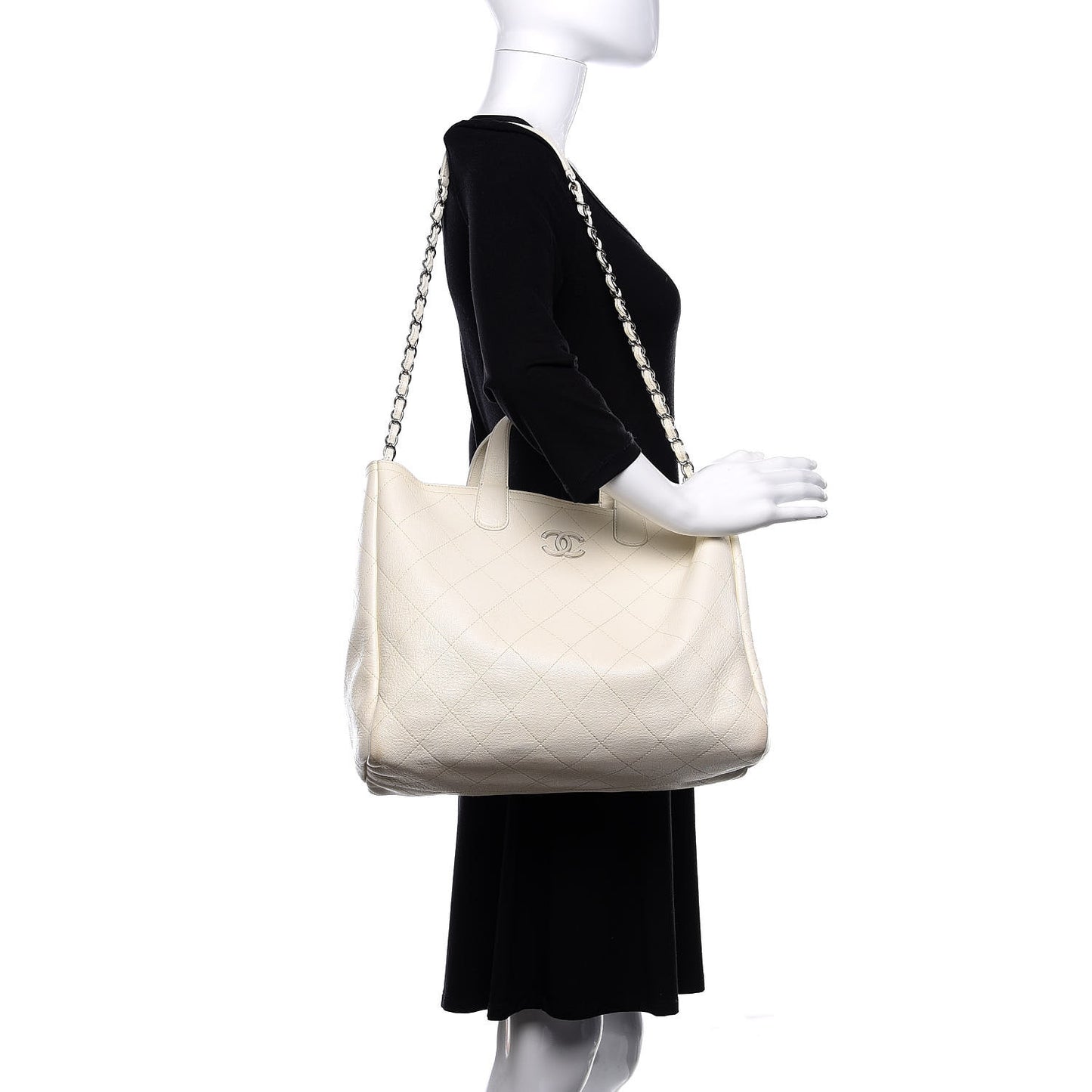 Caviar Stitched Large Shopping Tote White