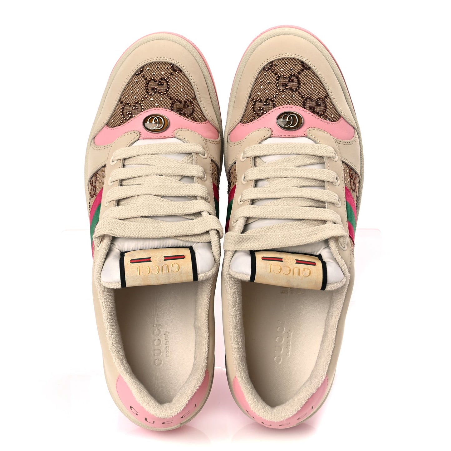 Calfskin GG Supreme Crystals Web Screener Sneakers Beige Ebony Wild Rose