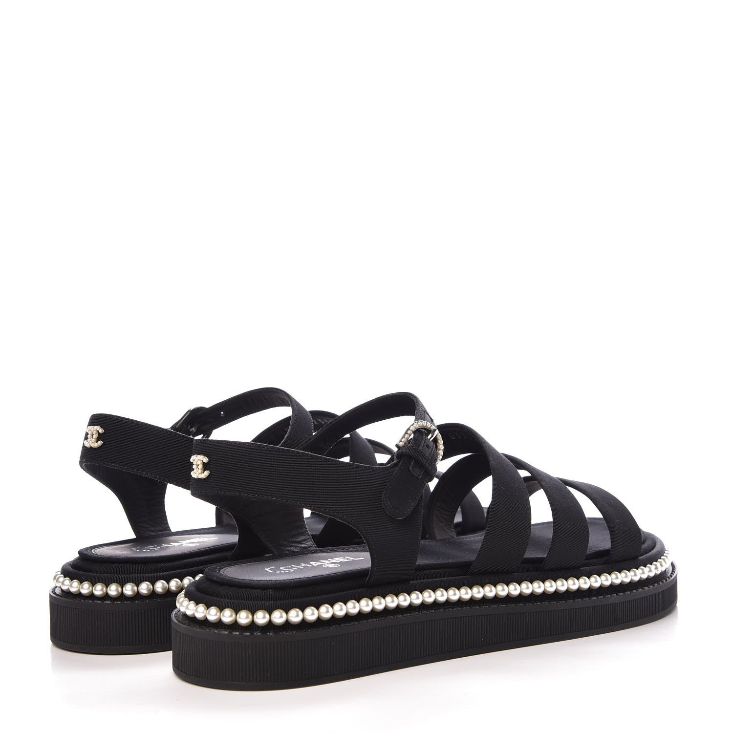 Chanel Grosgrain Pearl Flat Sandals 39 Black 4 of 10
