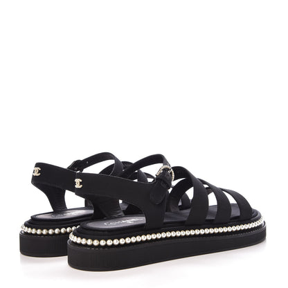 Chanel Grosgrain Pearl Flat Sandals 39 Black 4 of 10