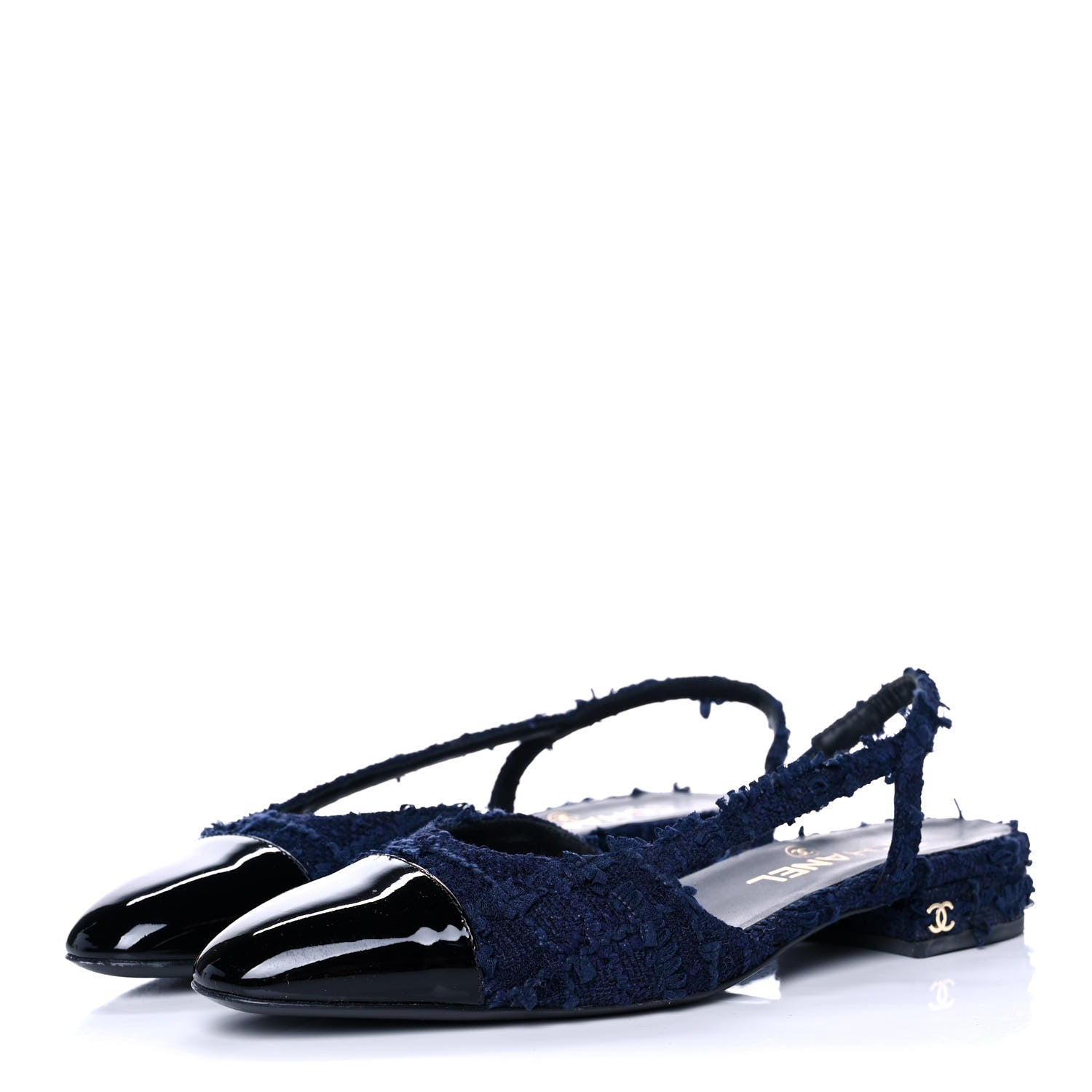 Chanel Tweed Patent Cap Toe CC Slingback Flats 38 Navy 3 of 9