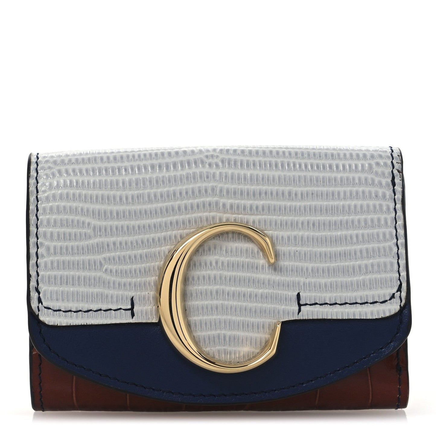 Lizard Crocodile Embossed Shiny Calfskin Small C Tri-Fold Wallet Chestnut Brown Blue Chestnut Brown Blue