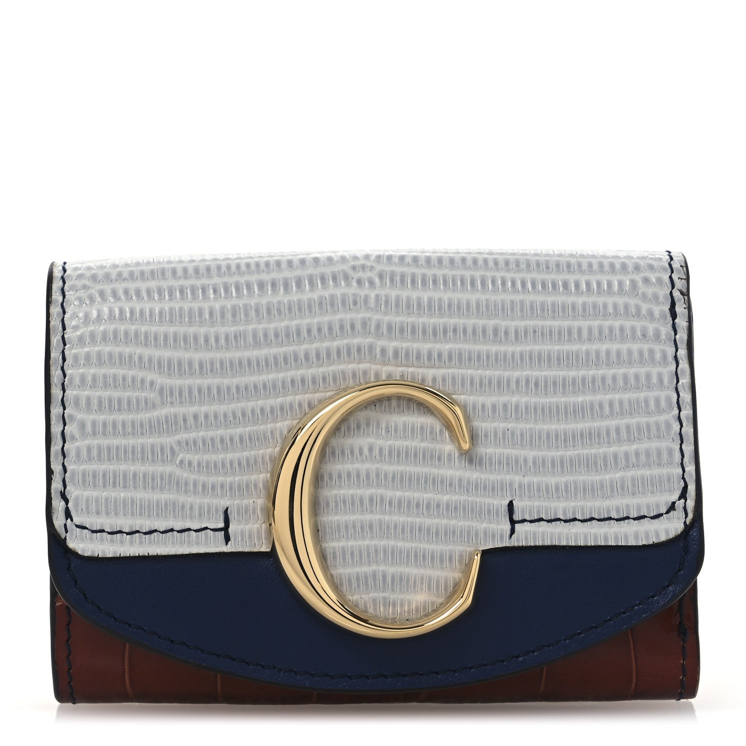 Chloe Lizard Crocodile Embossed Shiny Calfskin Small C Tri-Fold Wallet Chestnut Brown Blue Chestnut Brown Blue 1 of 7