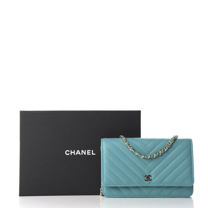 Chanel Lambskin Chevron Quilted Wallet On Chain WOC Turquoise 10 of 10