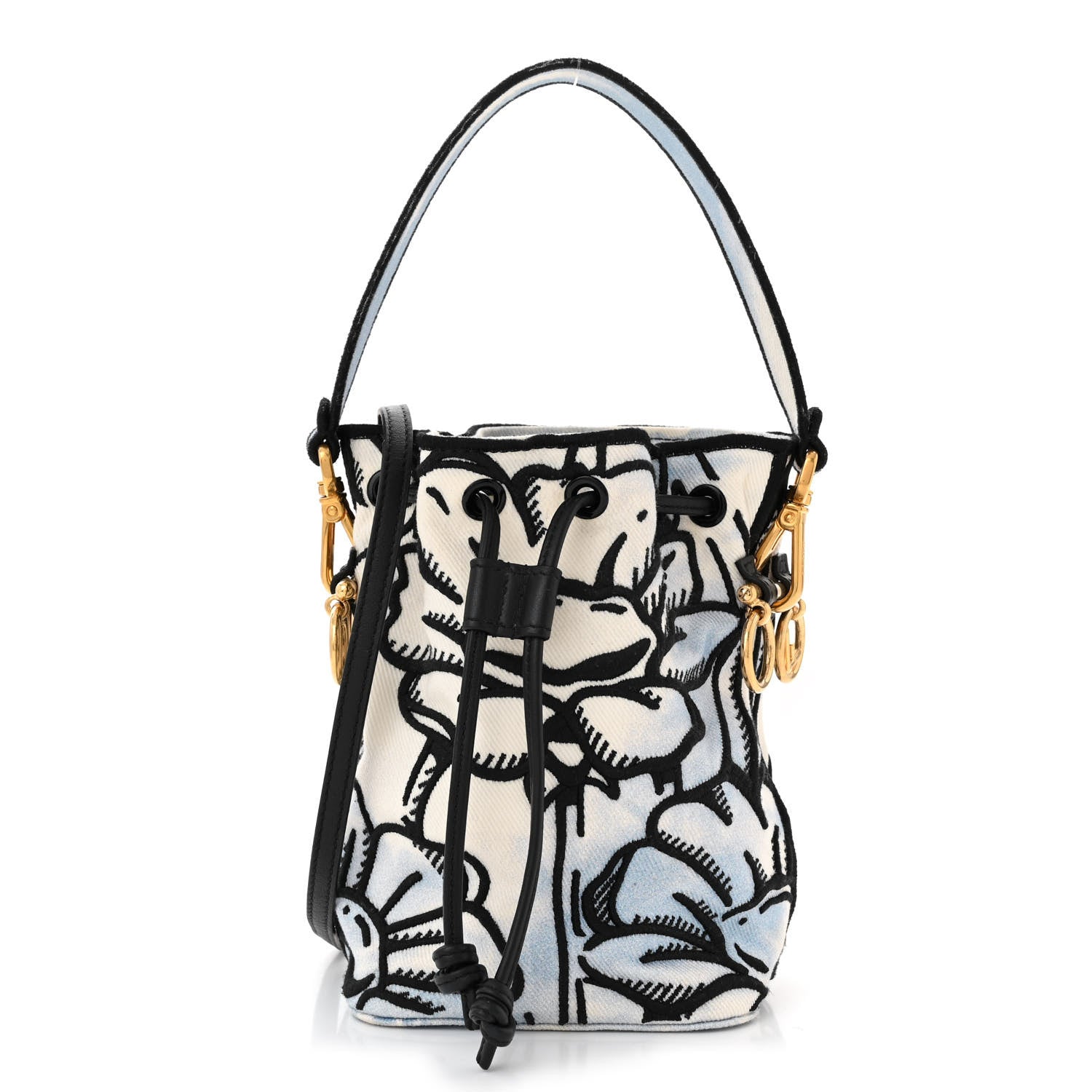 Fendi X JOSHUA VIDES Fabric Flower Clouds Embroidered Mini Mon Tresor Bucket Bag White Celeste Black 1 of 10