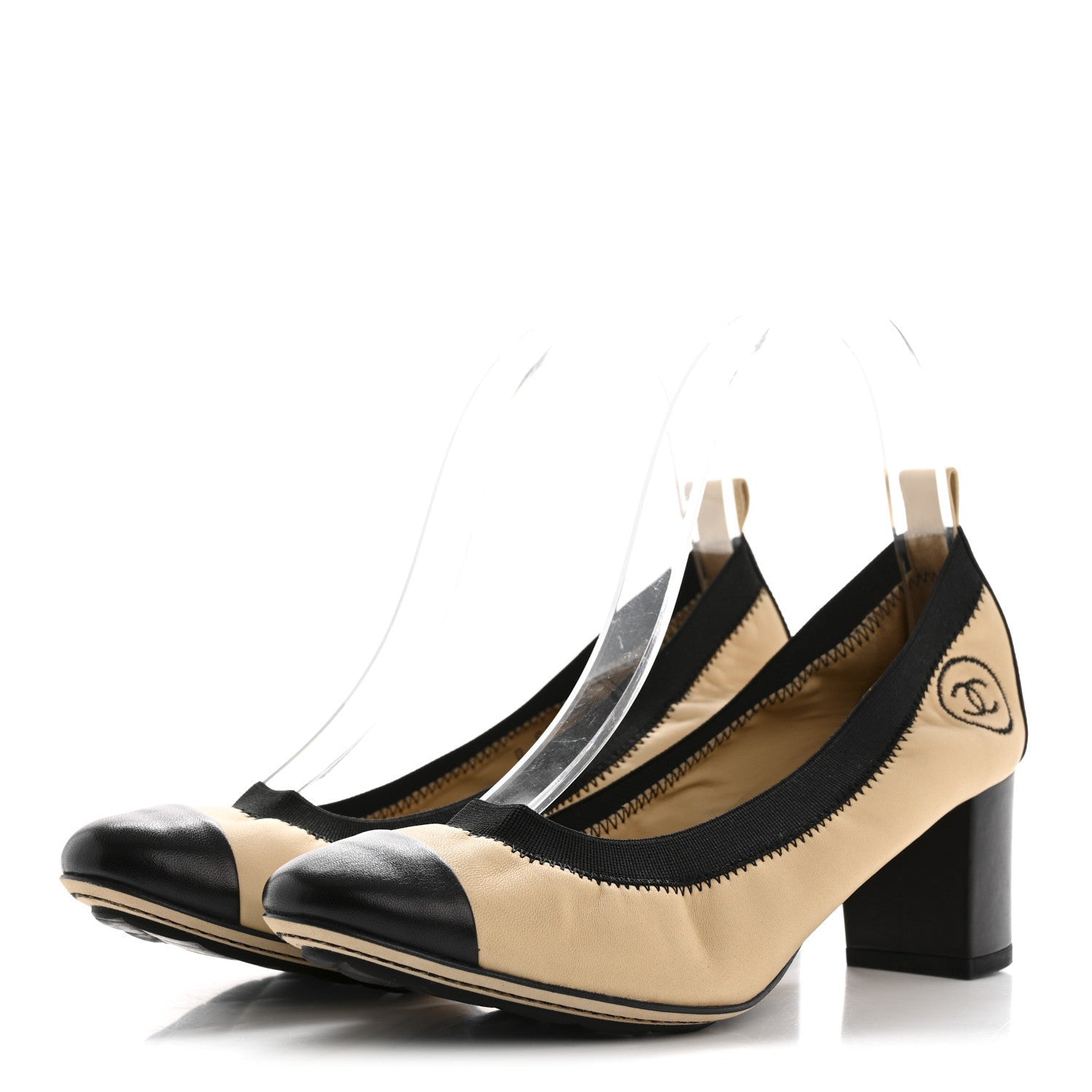 Chanel Lambskin CC Elastic Stretch Pumps 38 Beige Black 3 of 7