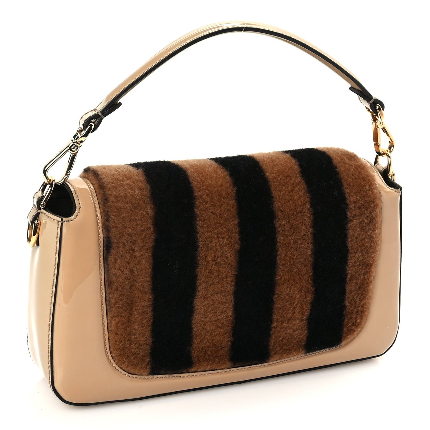 Shearling Vitello Vernice Mou Pequin Striped Baguette  Tobacco Black Tortora