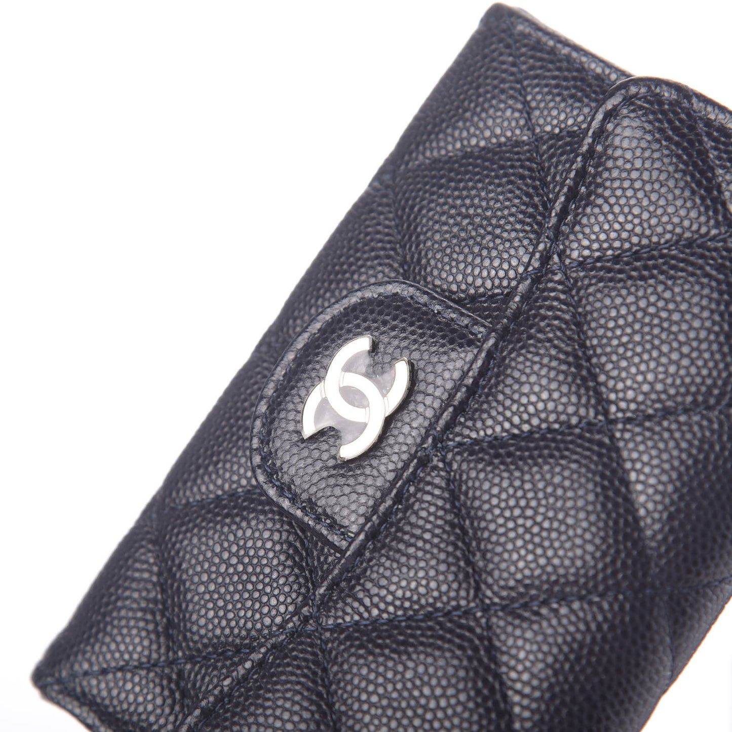 Caviar Quilted Flap Card Holder Wallet Navy Blue