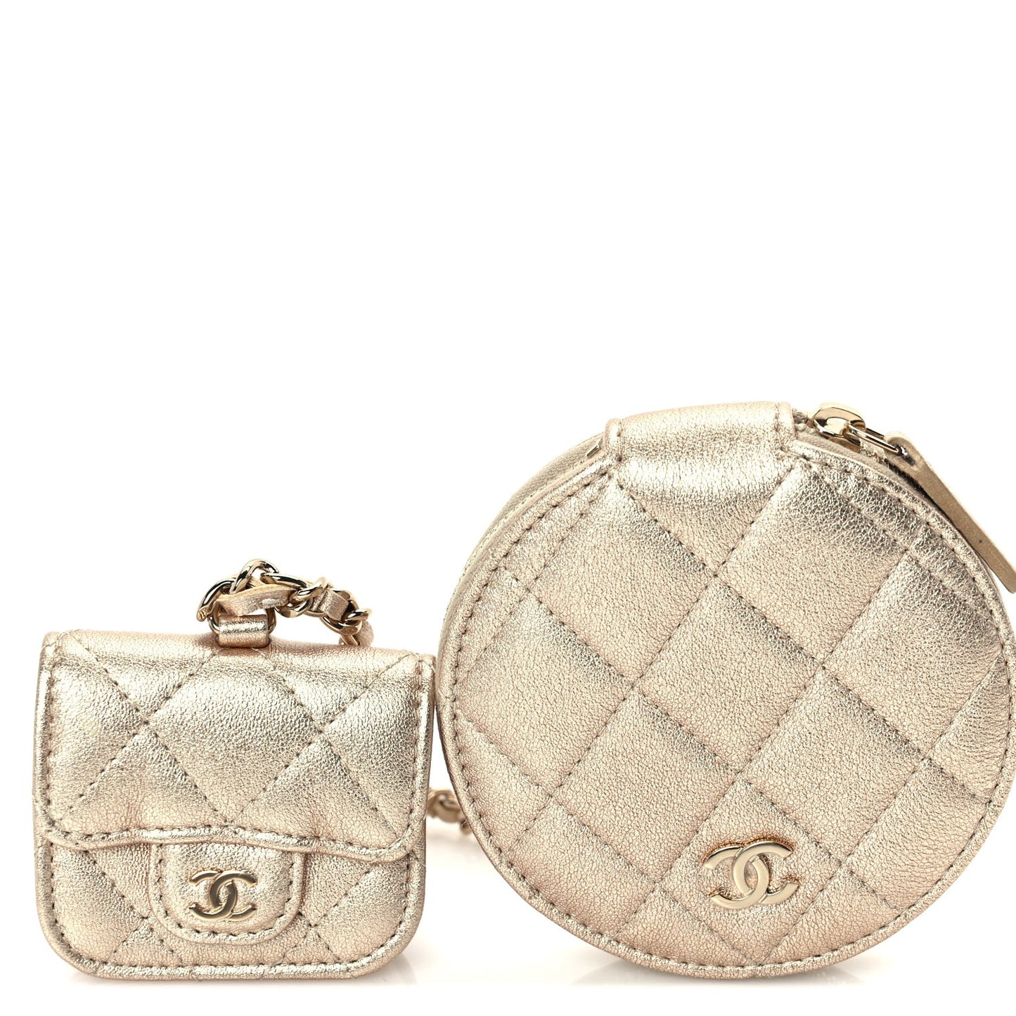 Metallic Lambskin Quilted Round Clip On Coin Purse Airpods Case  Gold
